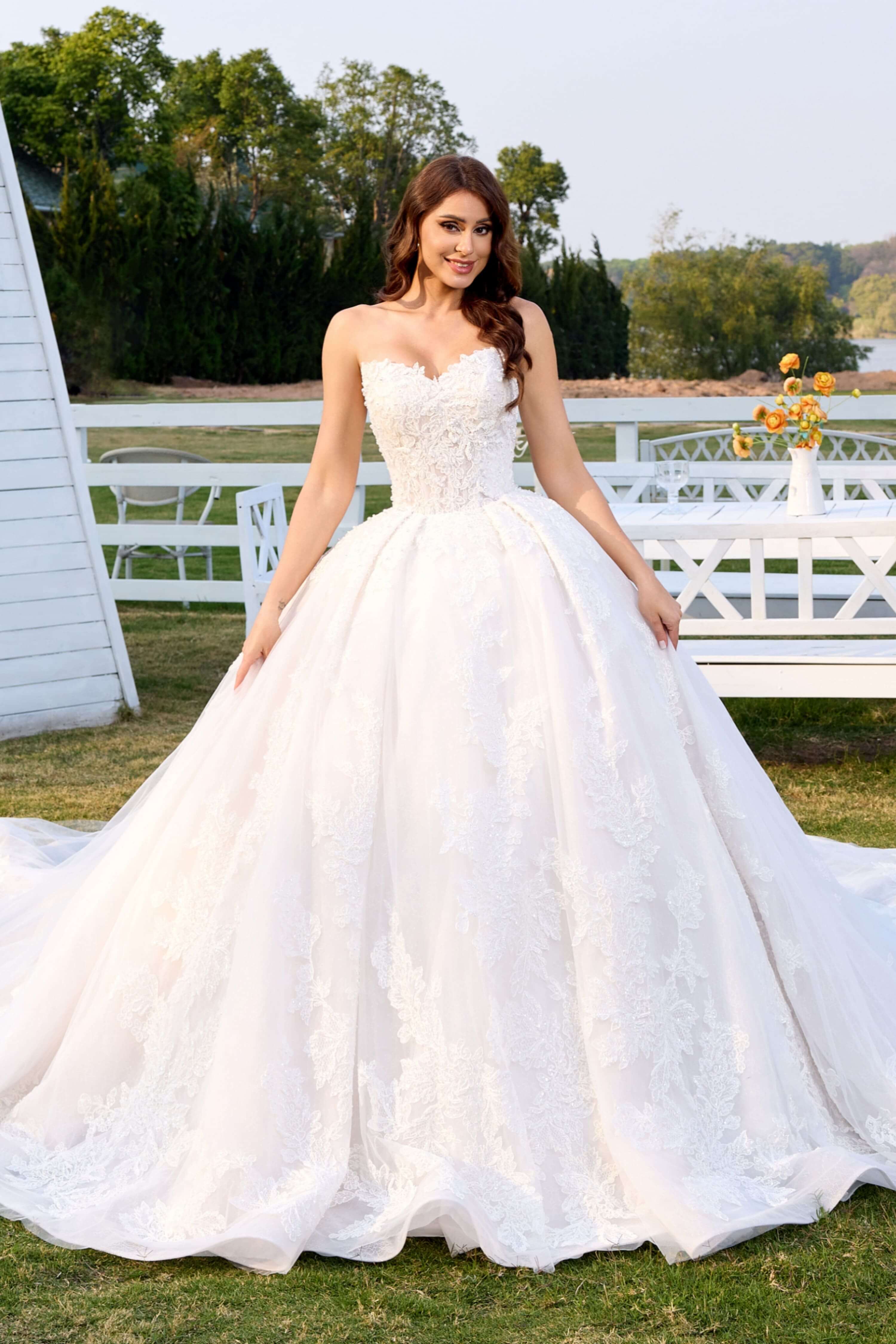 Lace Ball Gown Wedding Dress with Long Train and Veil-AND Bride