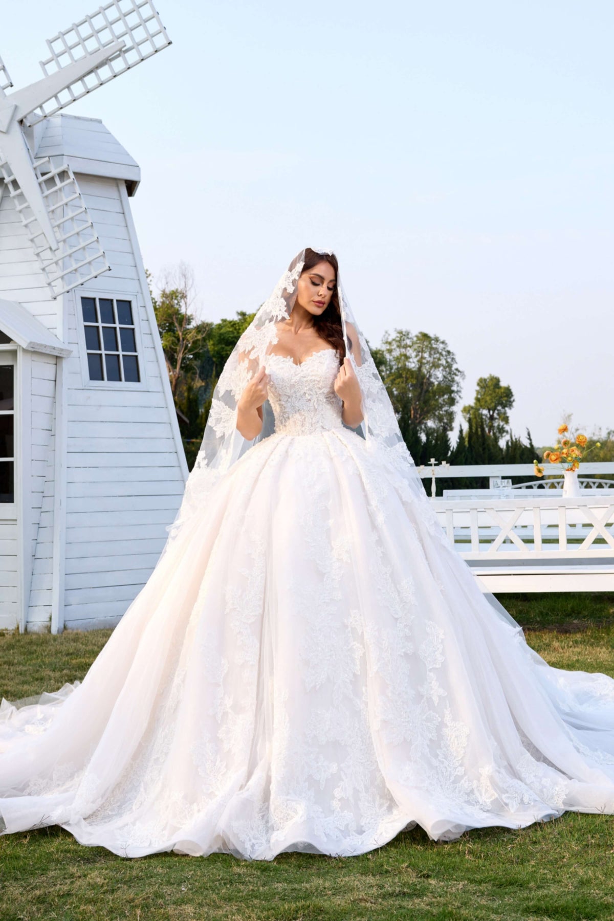 Lace Ball Gown Wedding Dress with Long Train and Veil-AND Bride