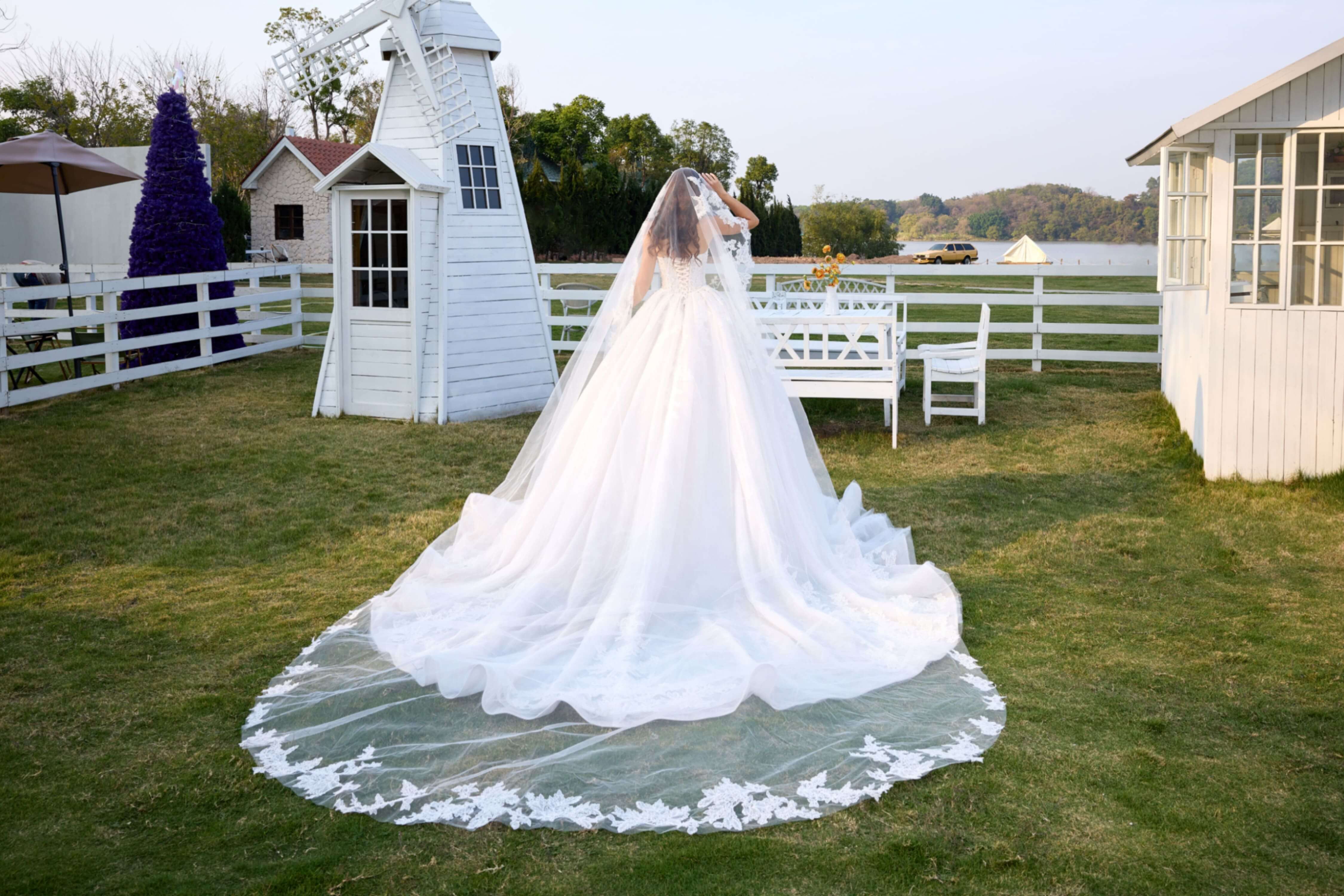Lace Ball Gown Wedding Dress with Long Train and Veil-AND Bride