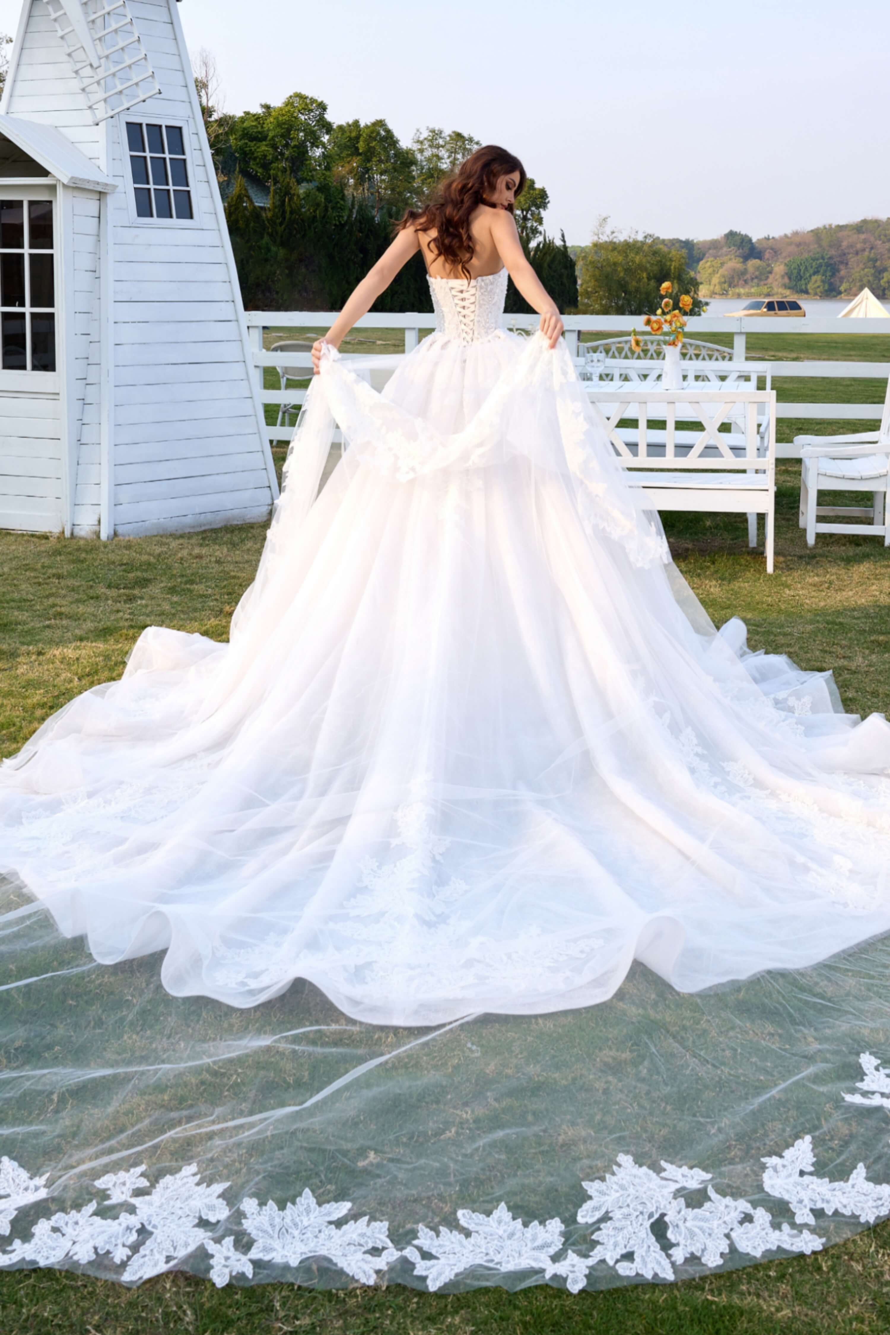 Lace Ball Gown Wedding Dress with Long Train and Veil-AND Bride