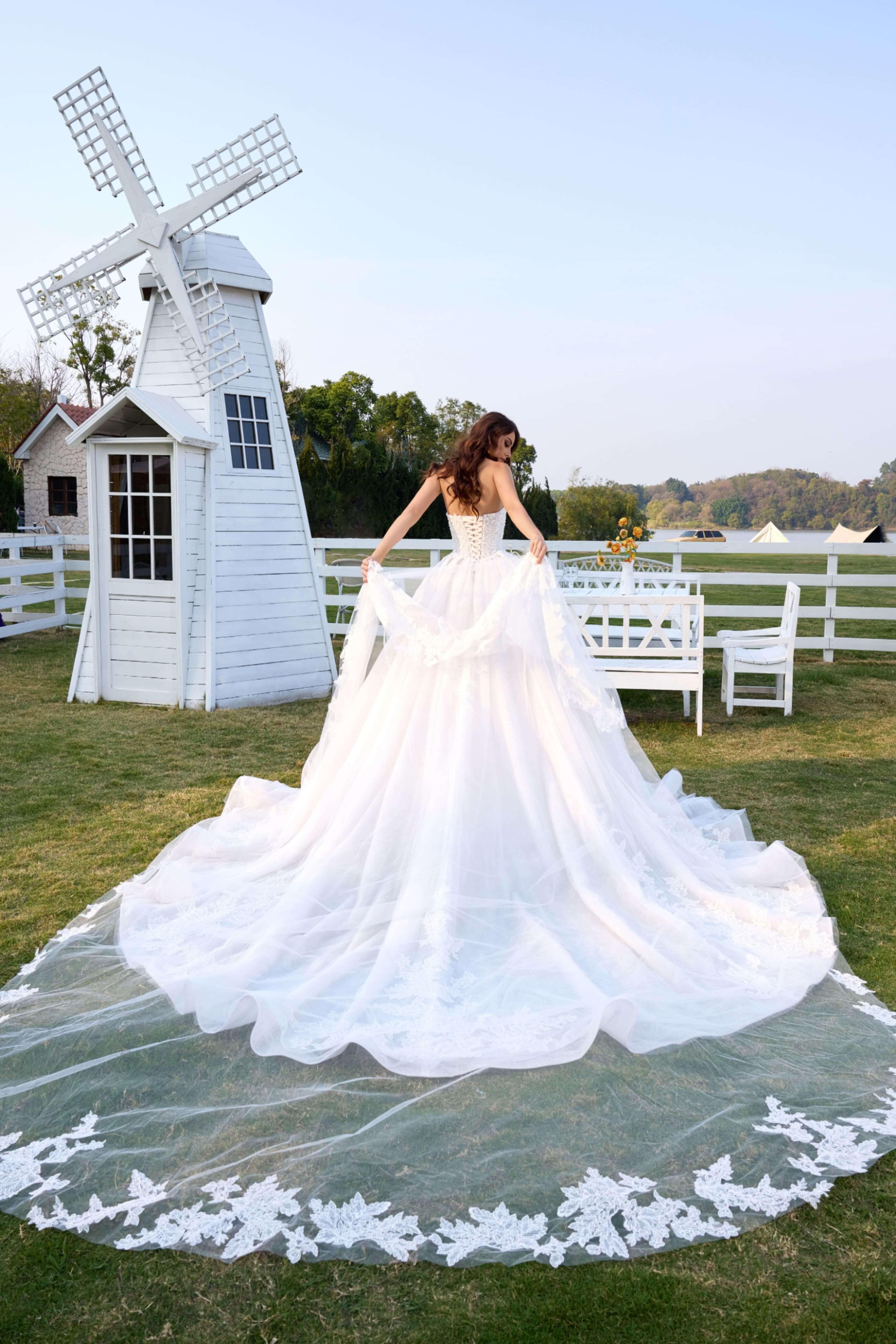 Lace Ball Gown Wedding Dress with Long Train and Veil-AND Bride
