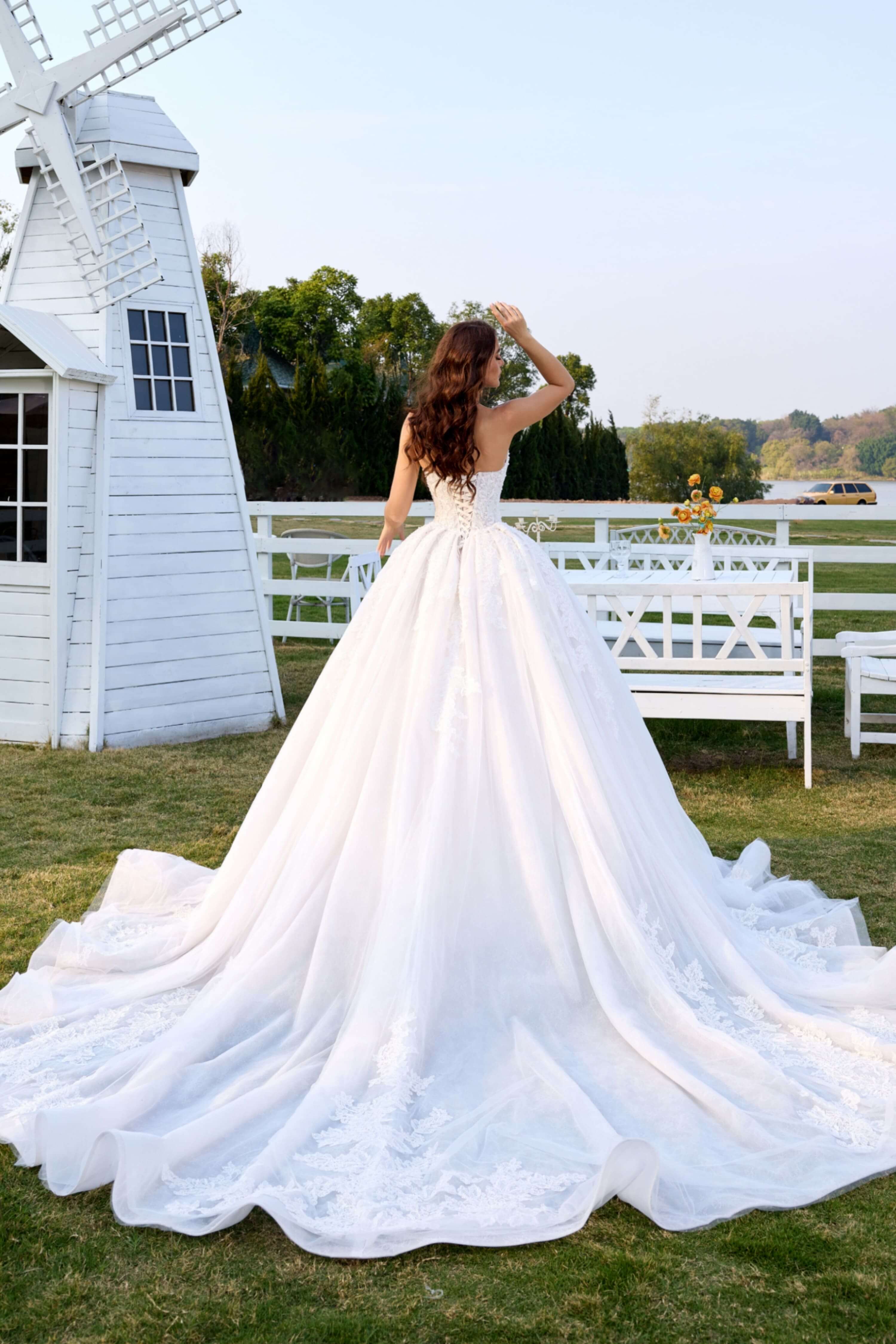Lace Ball Gown Wedding Dress with Long Train and Veil-AND Bride
