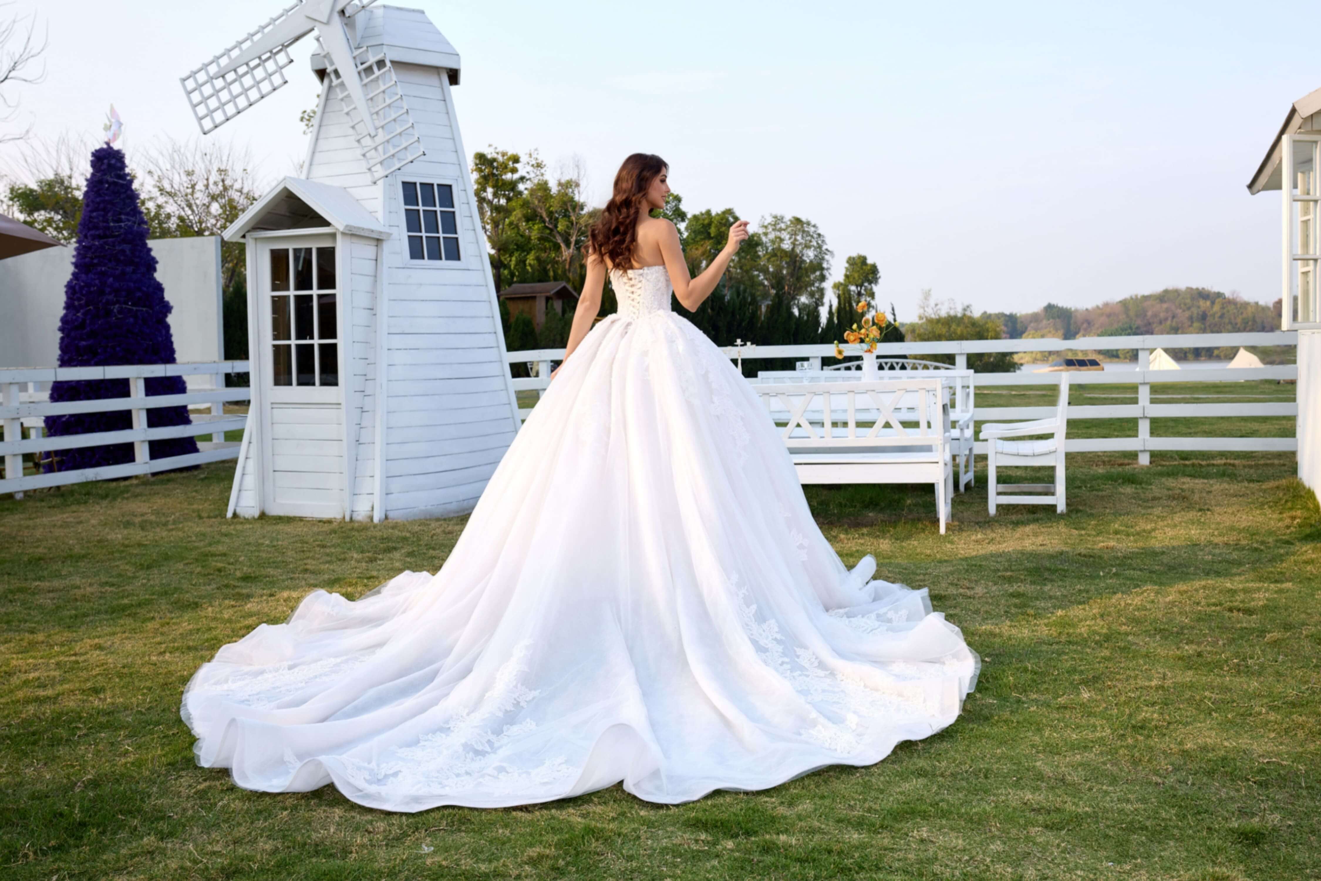 Lace Ball Gown Wedding Dress with Long Train and Veil-AND Bride