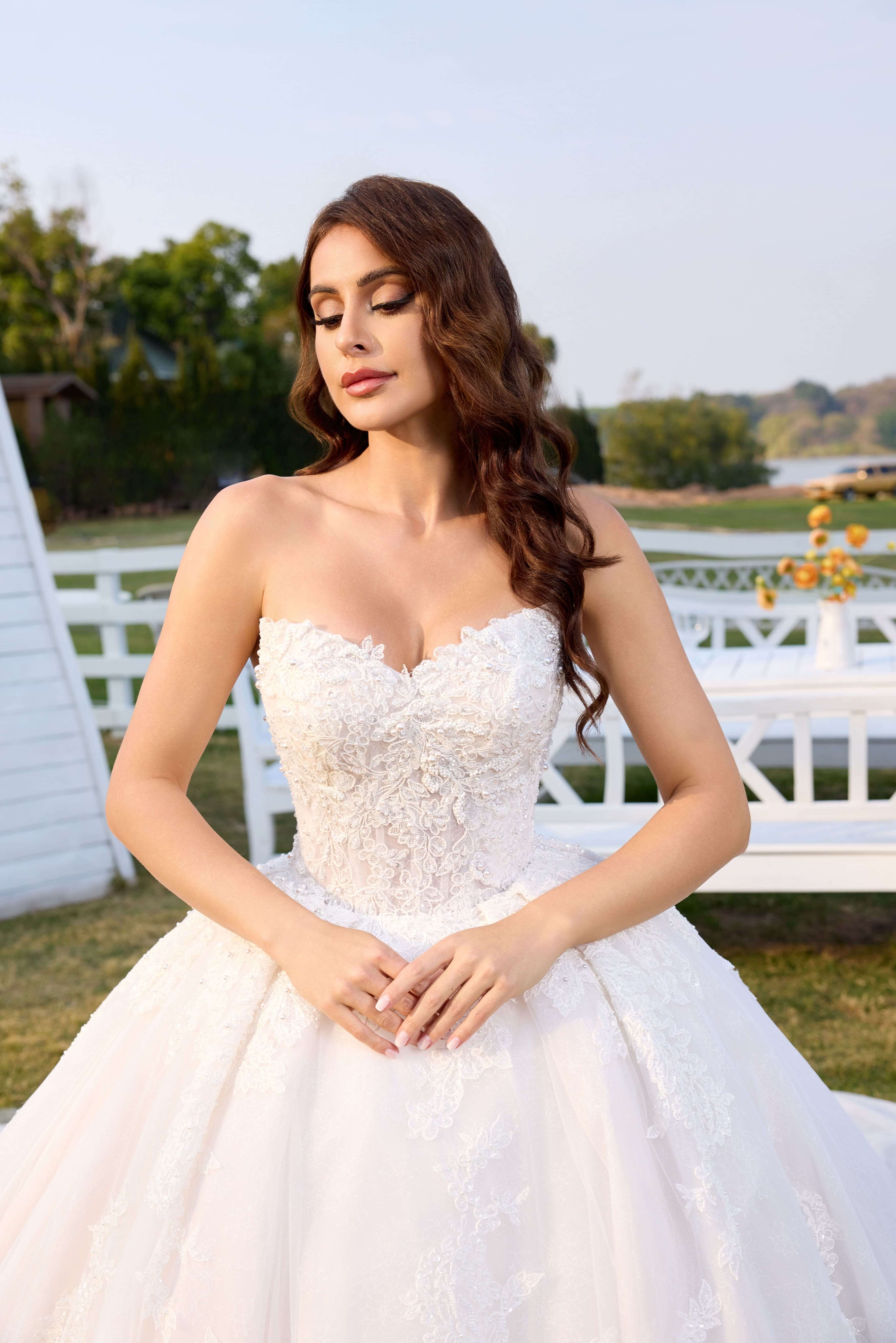 Lace Ball Gown Wedding Dress with Long Train and Veil-AND Bride