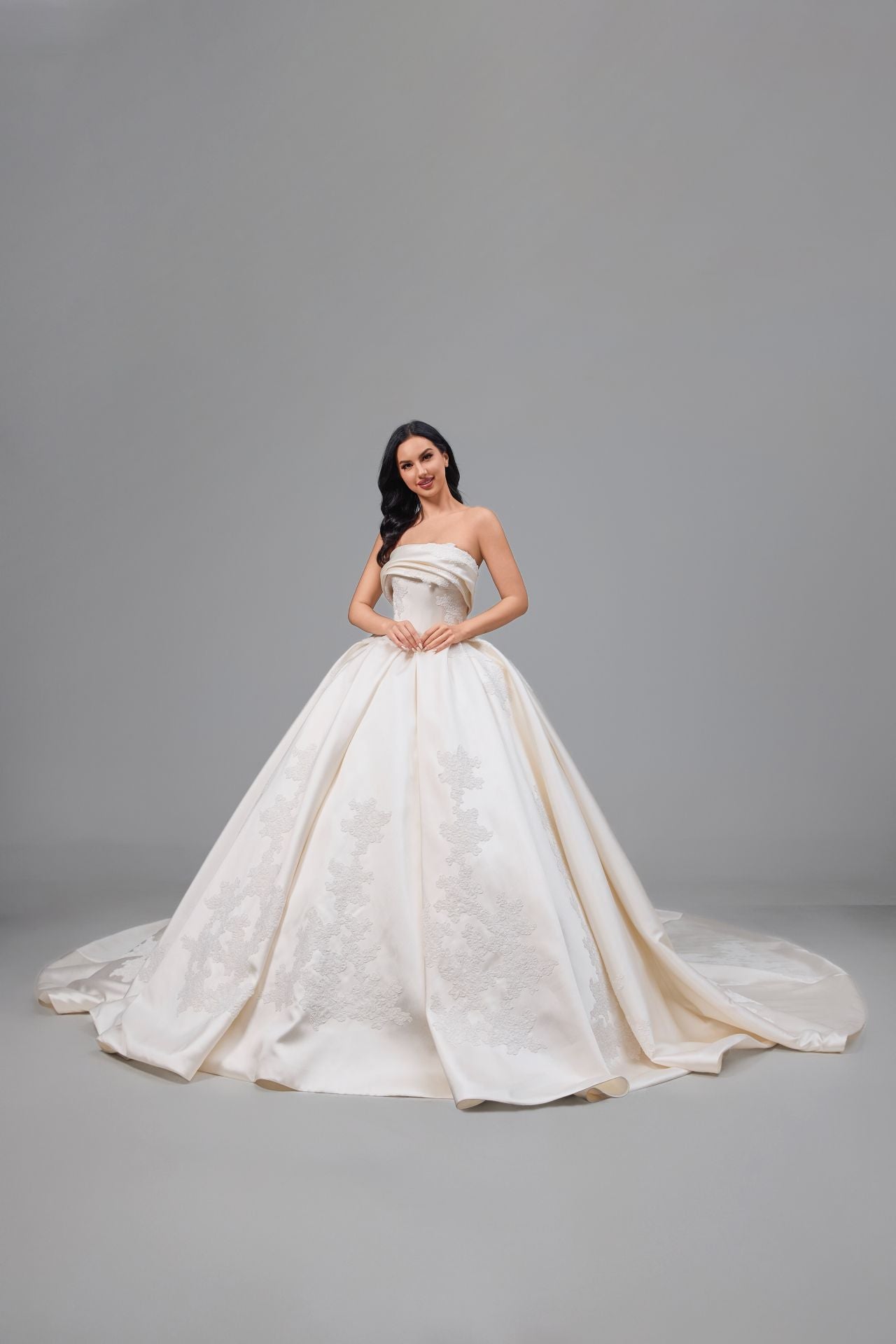 Ball Gown Satin Lace Cathedral Train Handmade Wedding Dress LVB2504