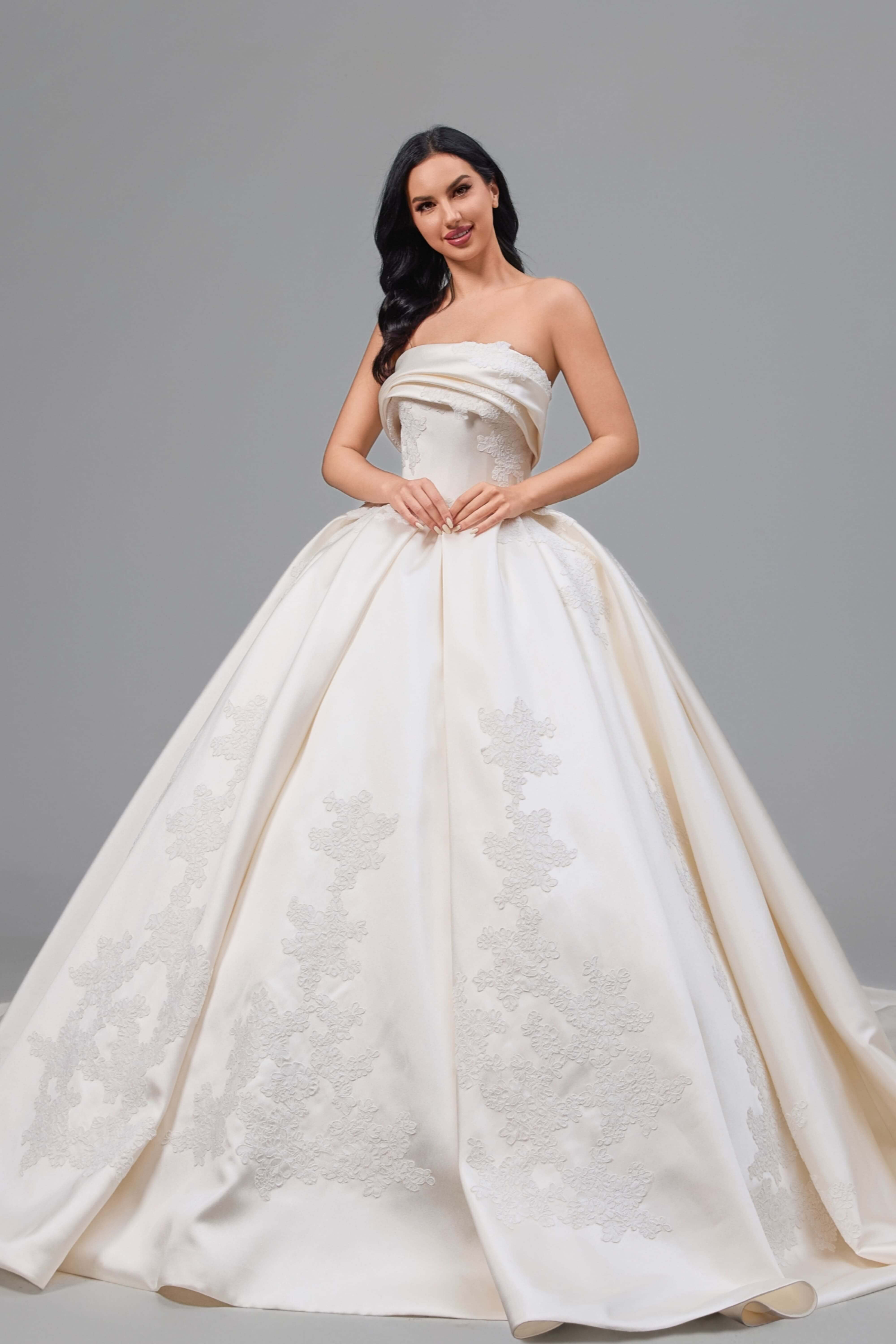Princess Satin Lace Ball Gown Wedding Dress with Long Train-AND Bride