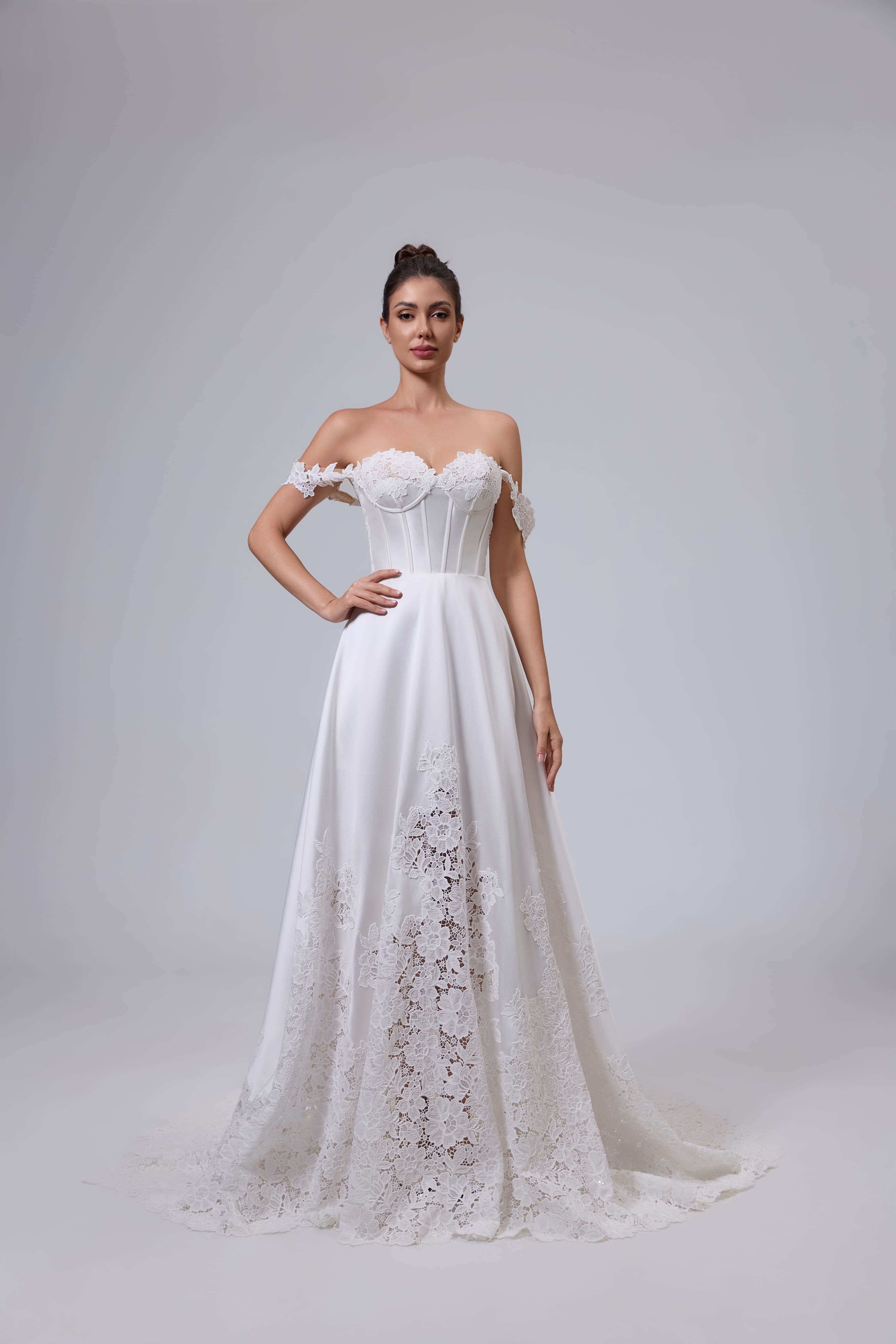 Corset Back Satin Lace A-Line Wedding Dress-AND Bride