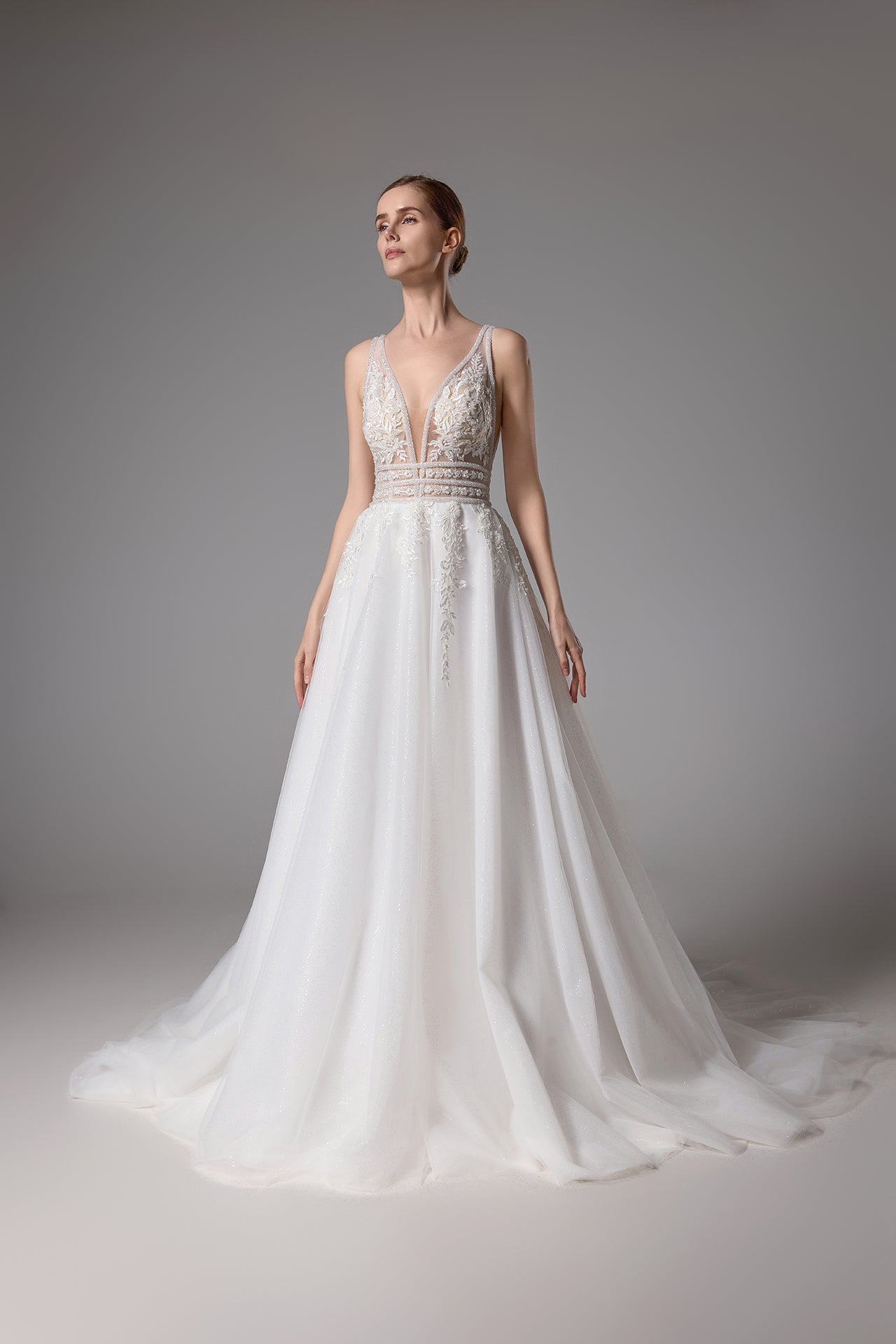 Sexy beaded wedding gown with a plunging V-neck and sexy V-back LVB2419