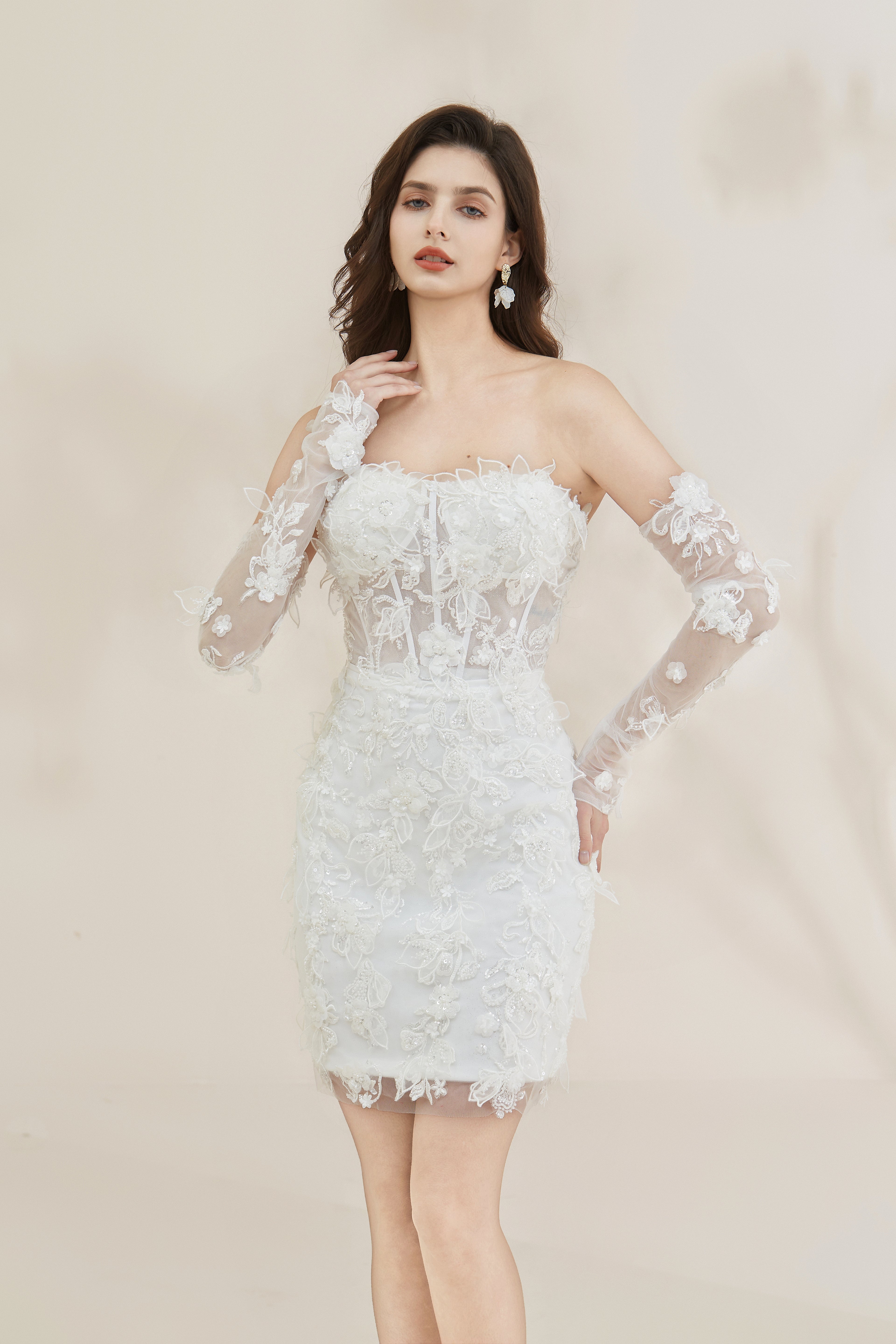 Lace knee short mini Wedding Dress with detachable sleeves LVB2614