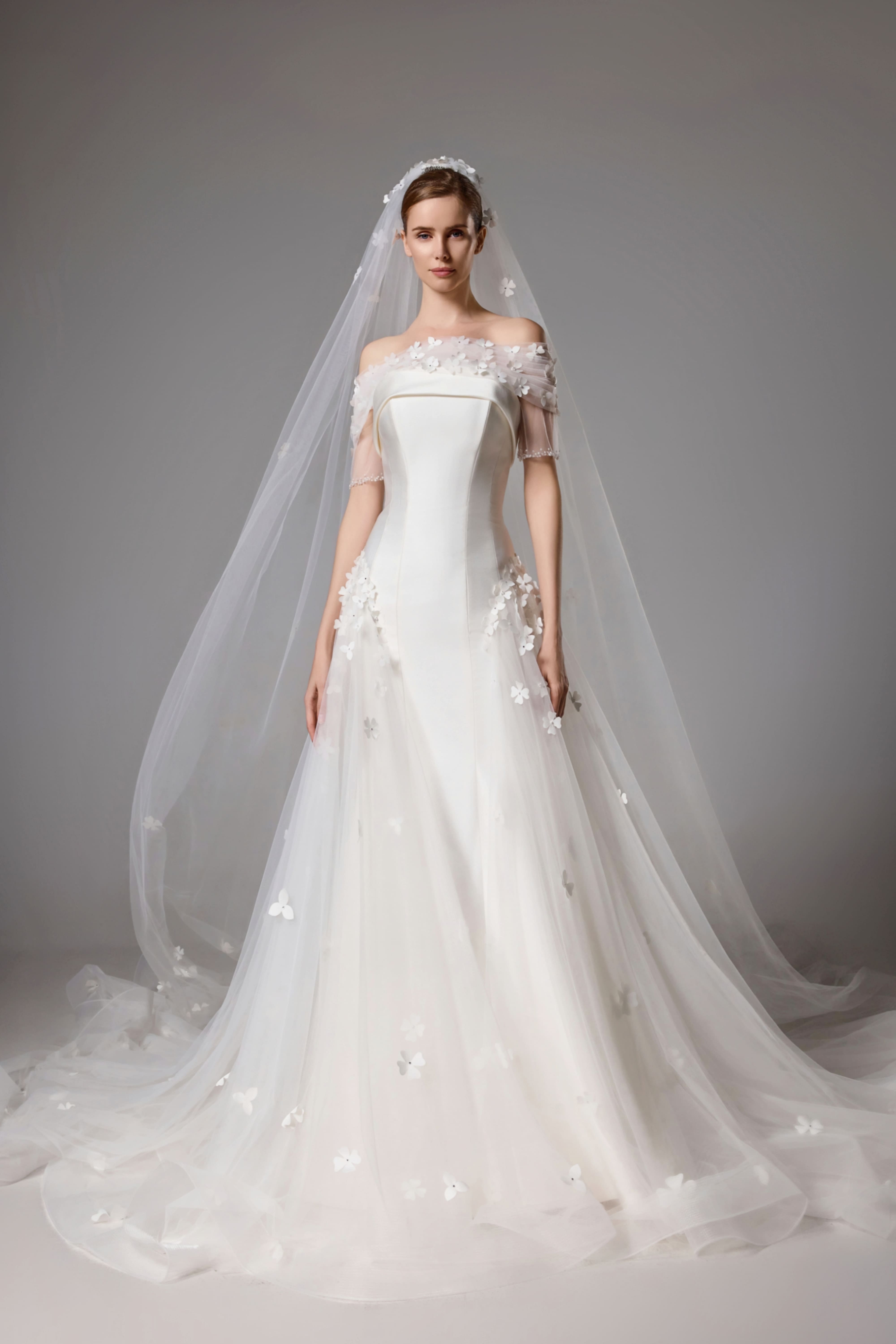 Satin Wedding Dress with Detachable Sleeves and Veil Set-AND Bride