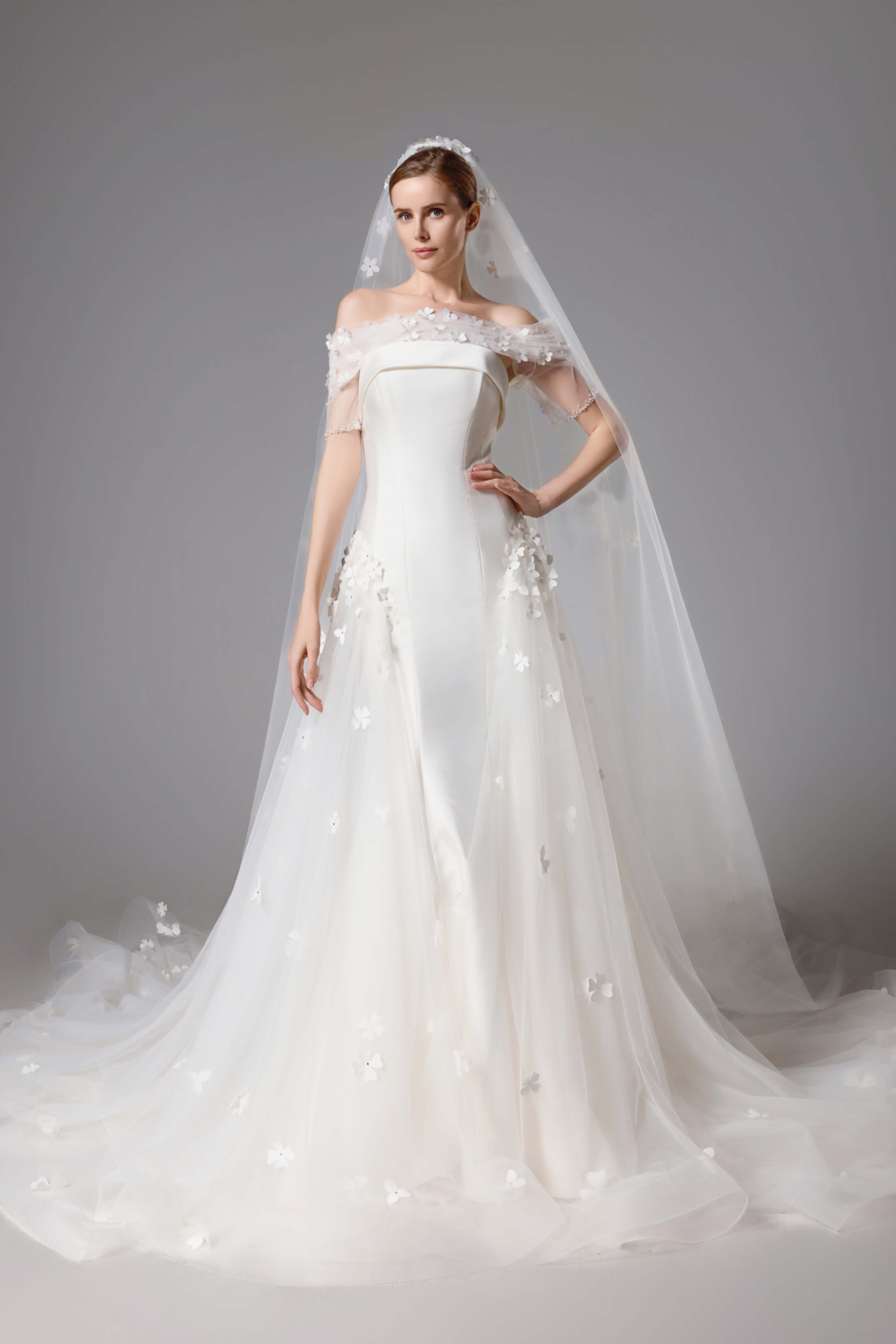 Satin Wedding Dress with Detachable Sleeves and Veil Set-AND Bride