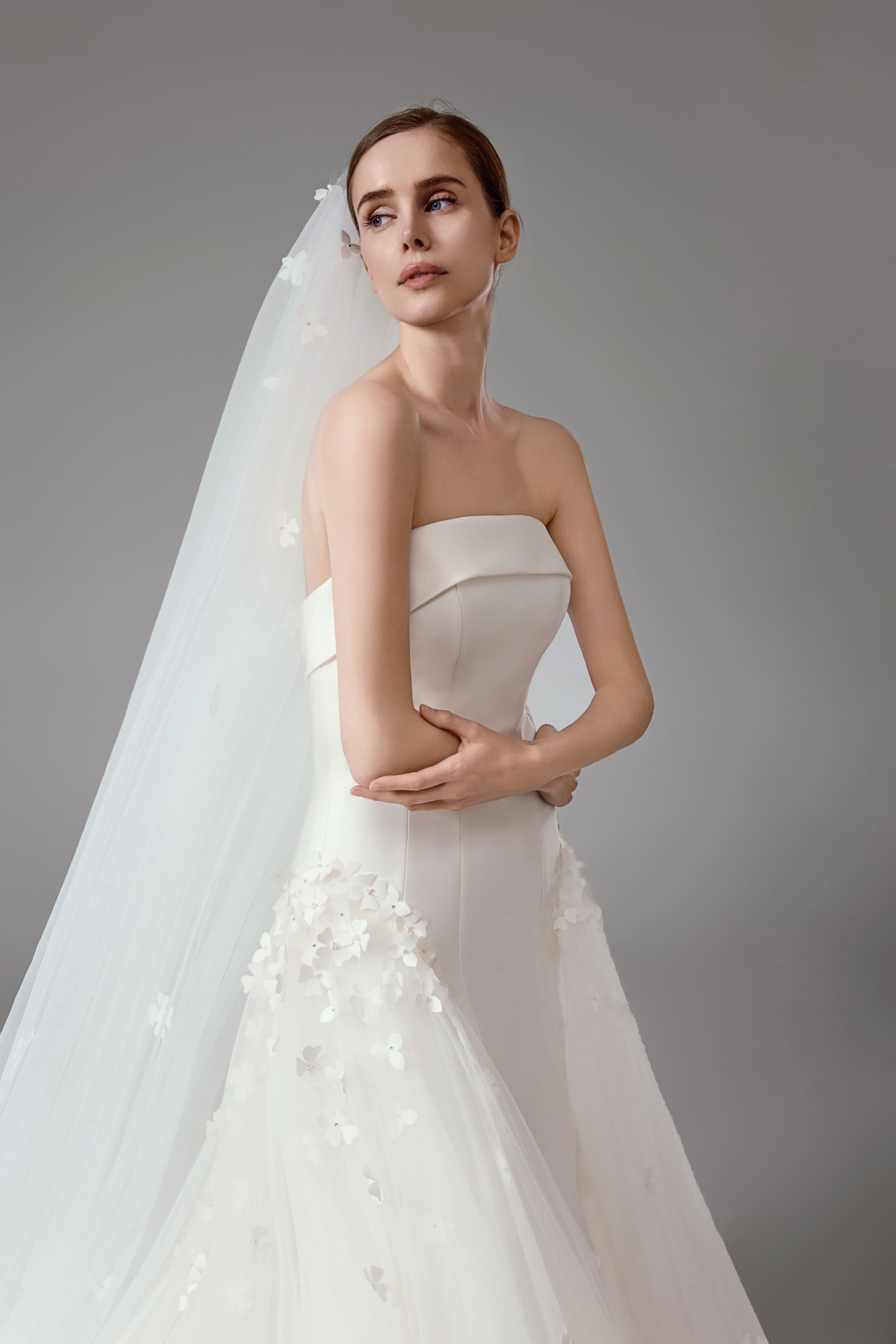 Satin Wedding Dress with Detachable Sleeves and Veil Set-AND Bride