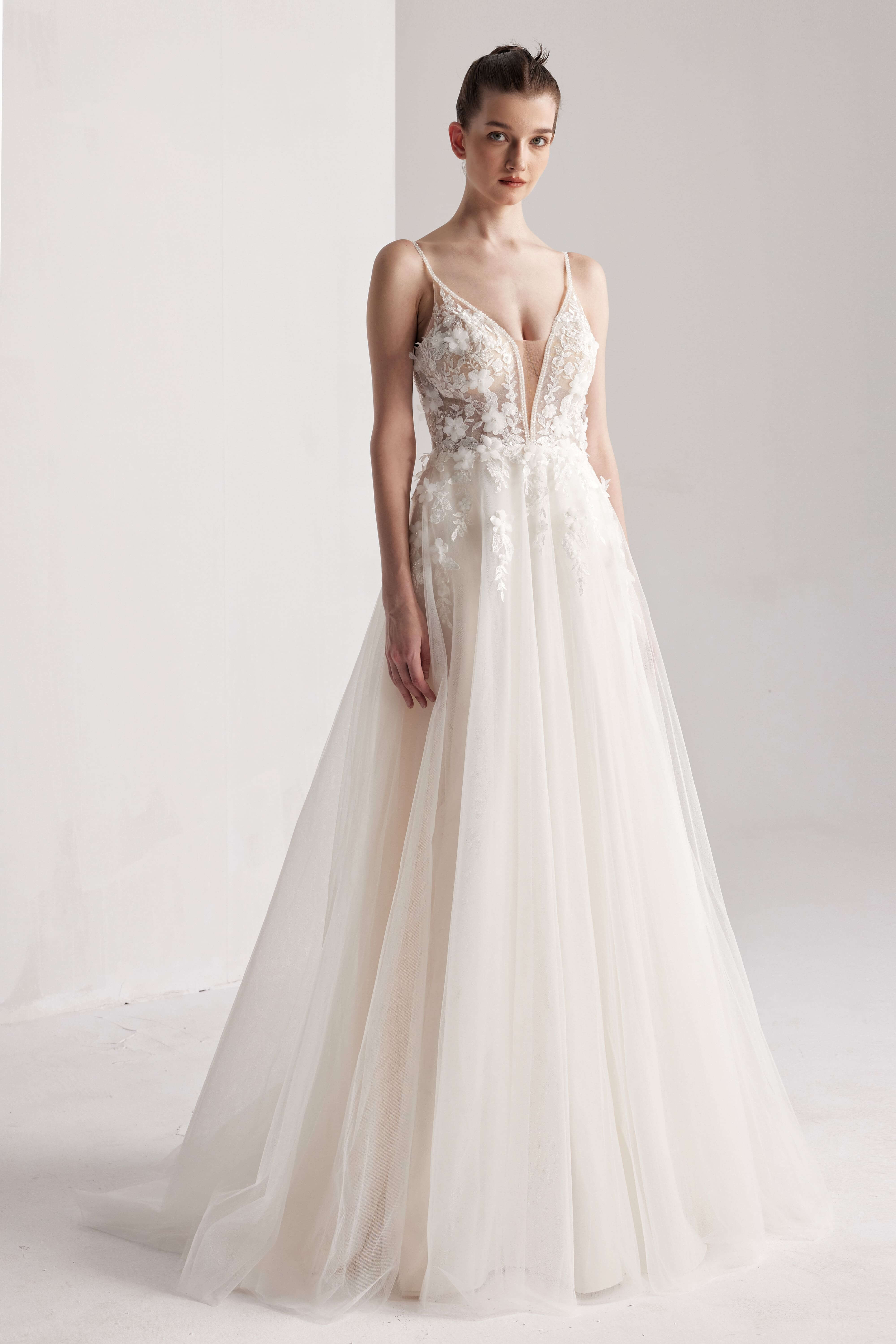 Floral V-neckline bridal dress A-line silhouette LVB2412