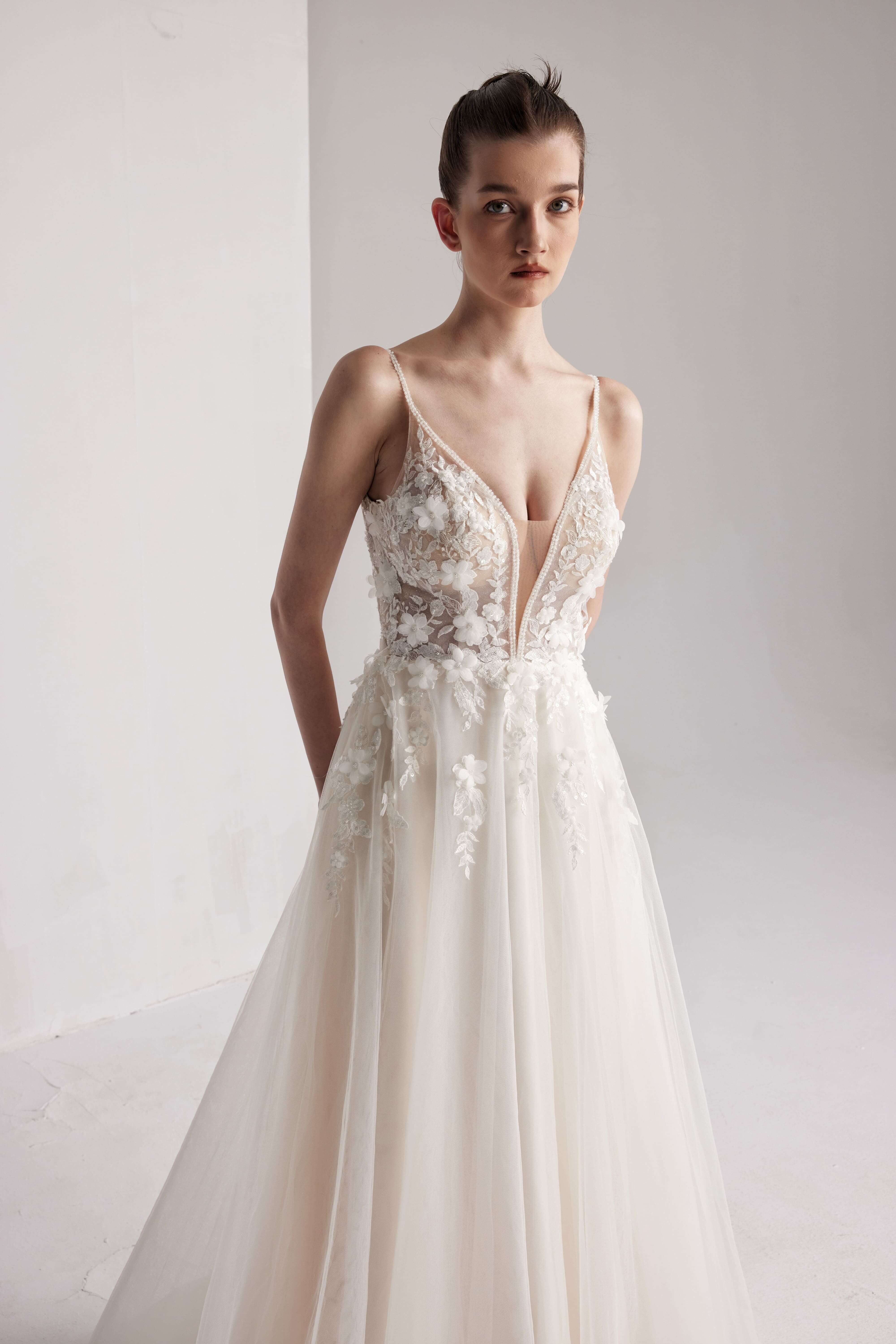 Floral V-neckline bridal dress A-line silhouette LVB2412