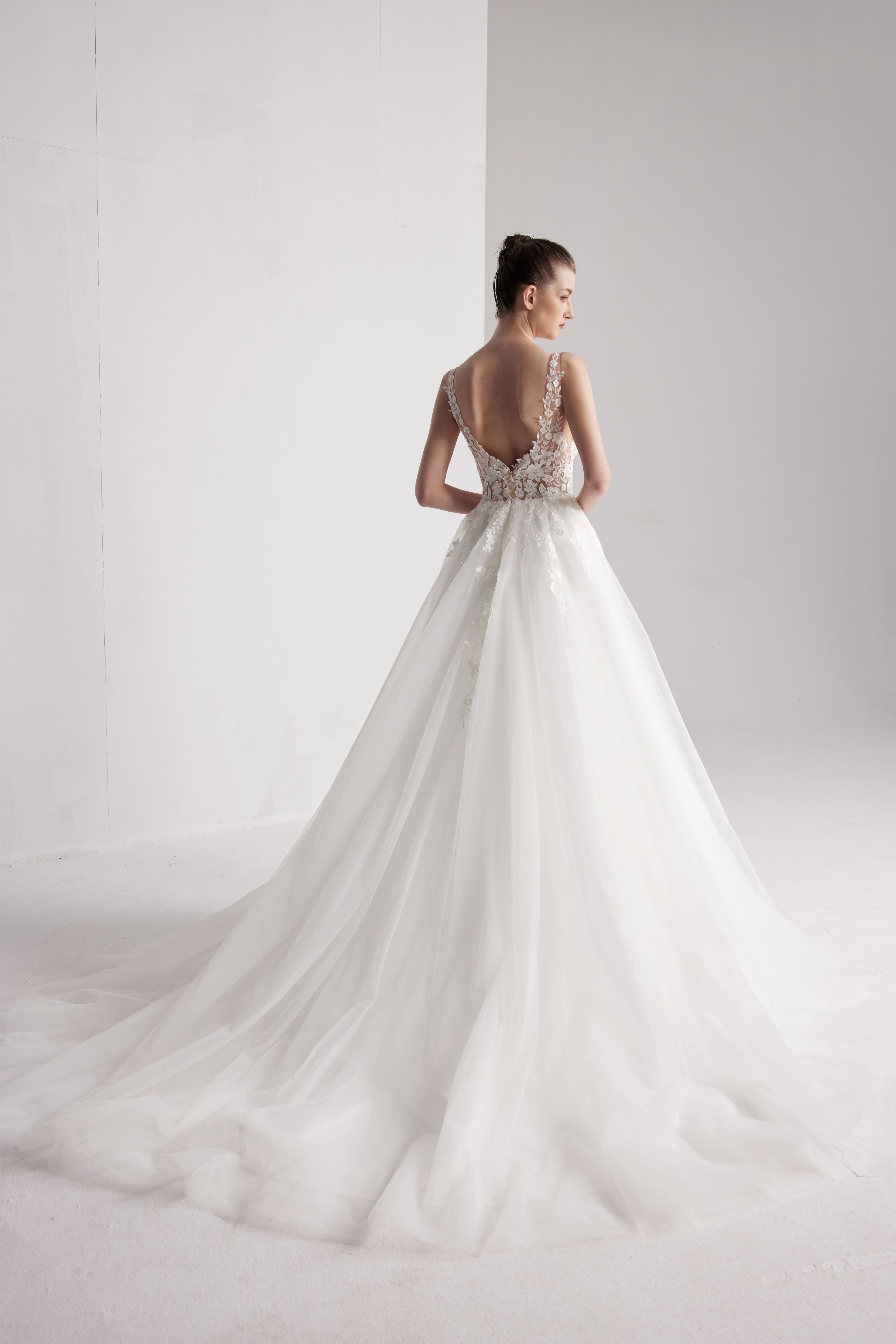 Romantic floral wedding dress with a deep V-neckline and sexy open back LVB2417