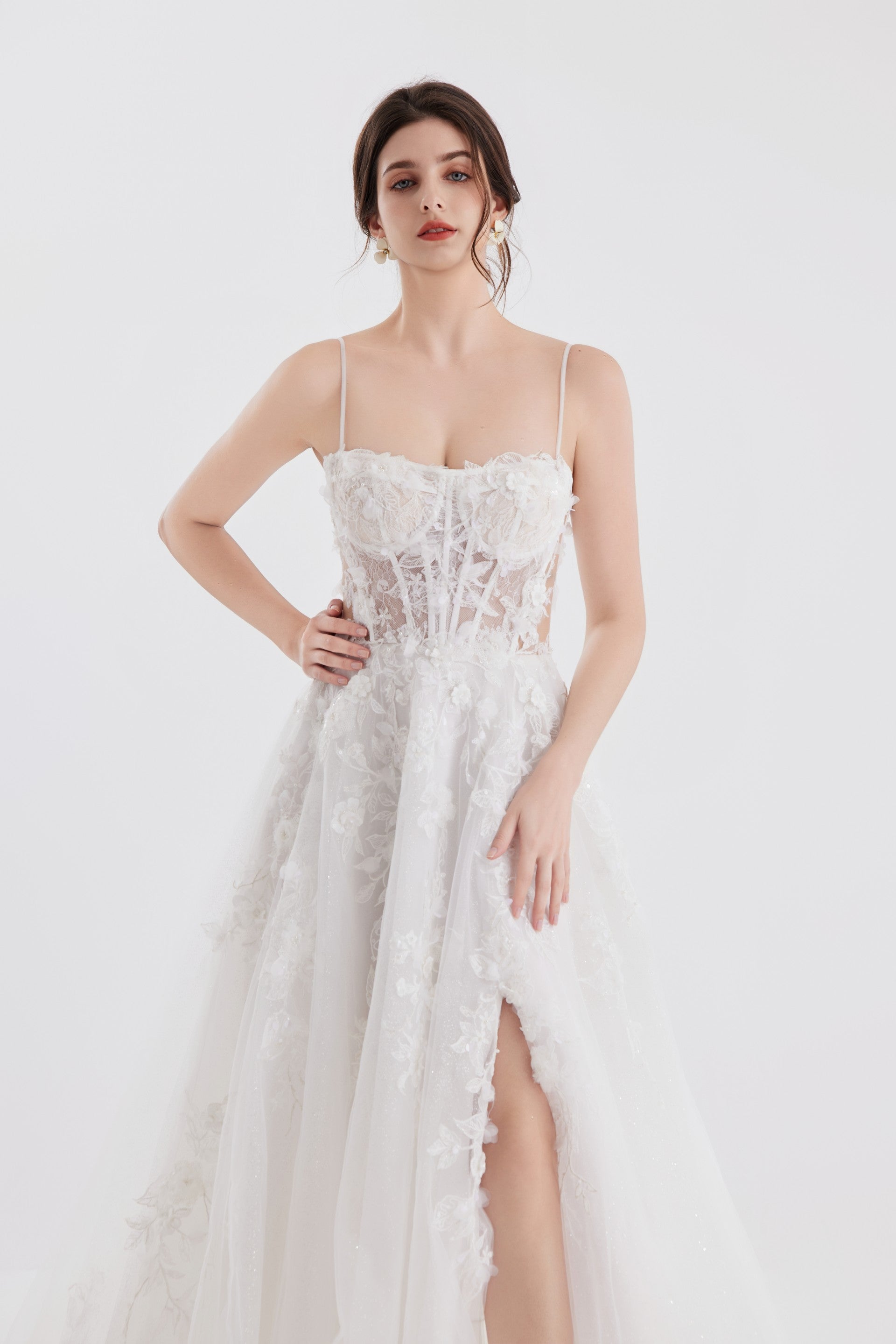 Floral cottagecore sexy wedding dress with a thigh-high slit LVB2612