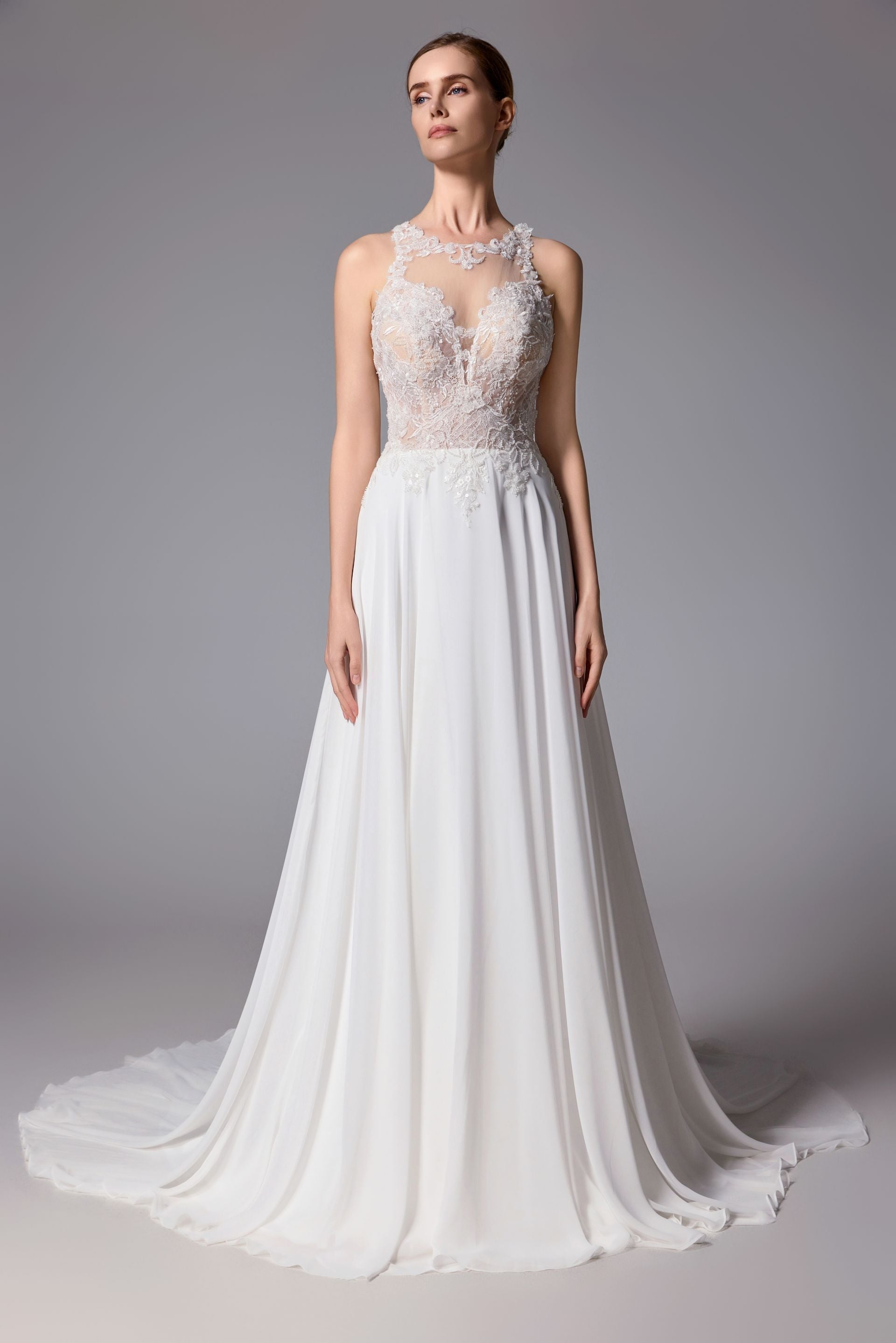 Open back beaded wedding dress with a romantic chiffon LVS2404