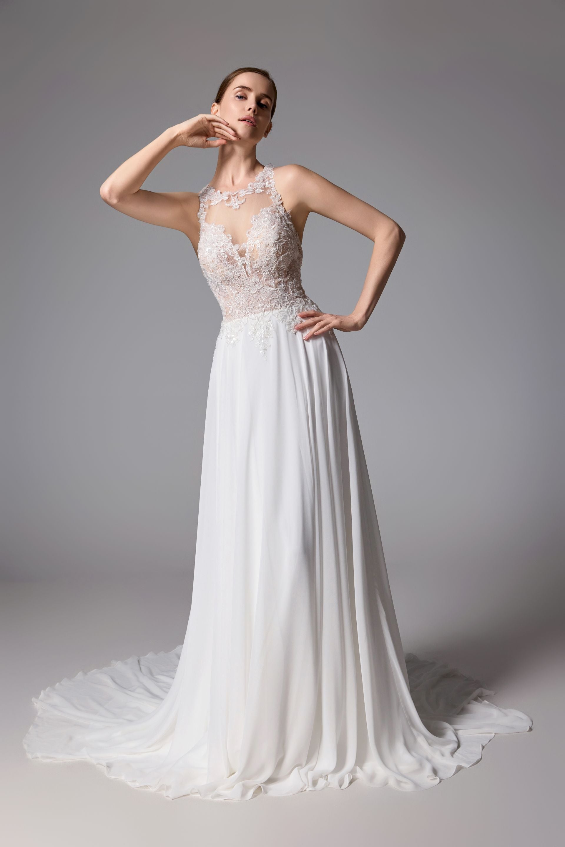 Open back beaded wedding dress with a romantic chiffon LVS2404