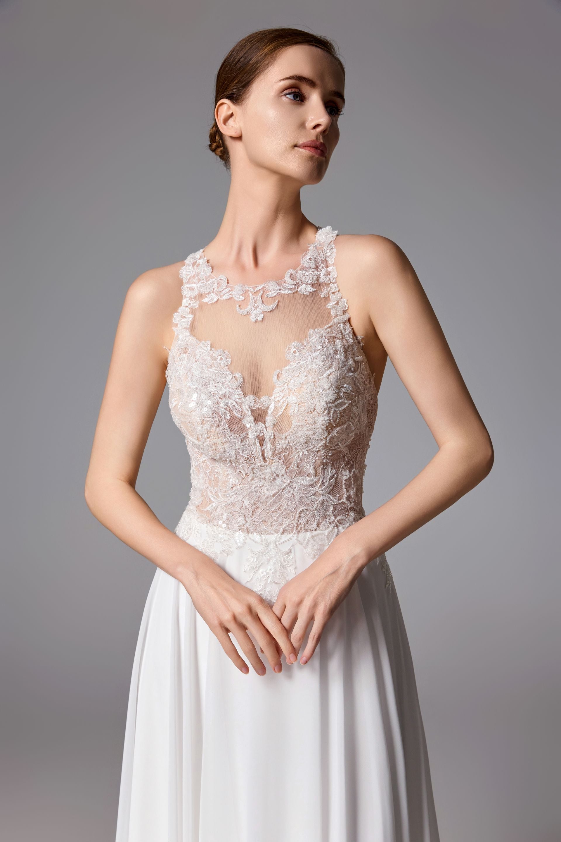 Open back beaded wedding dress with a romantic chiffon LVS2404