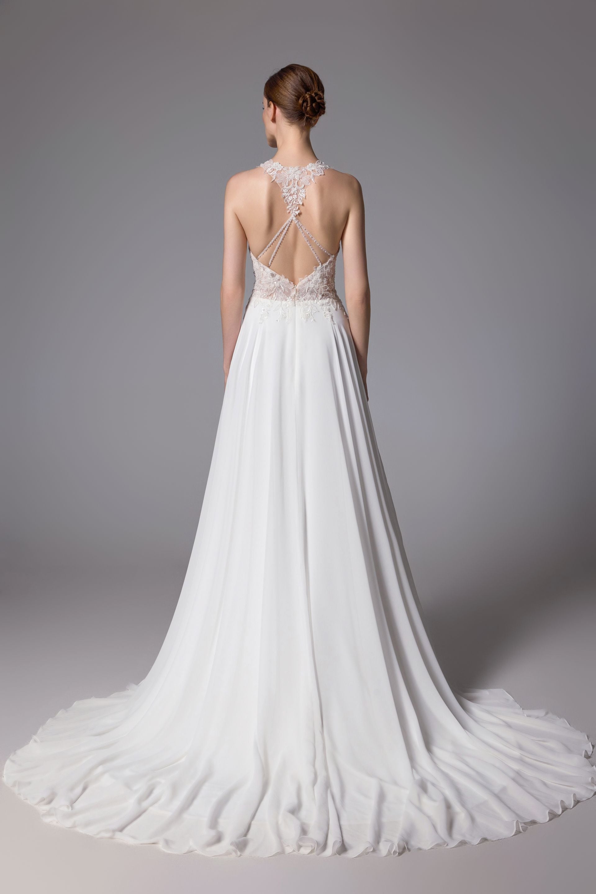 Open back beaded wedding dress with a romantic chiffon LVS2404