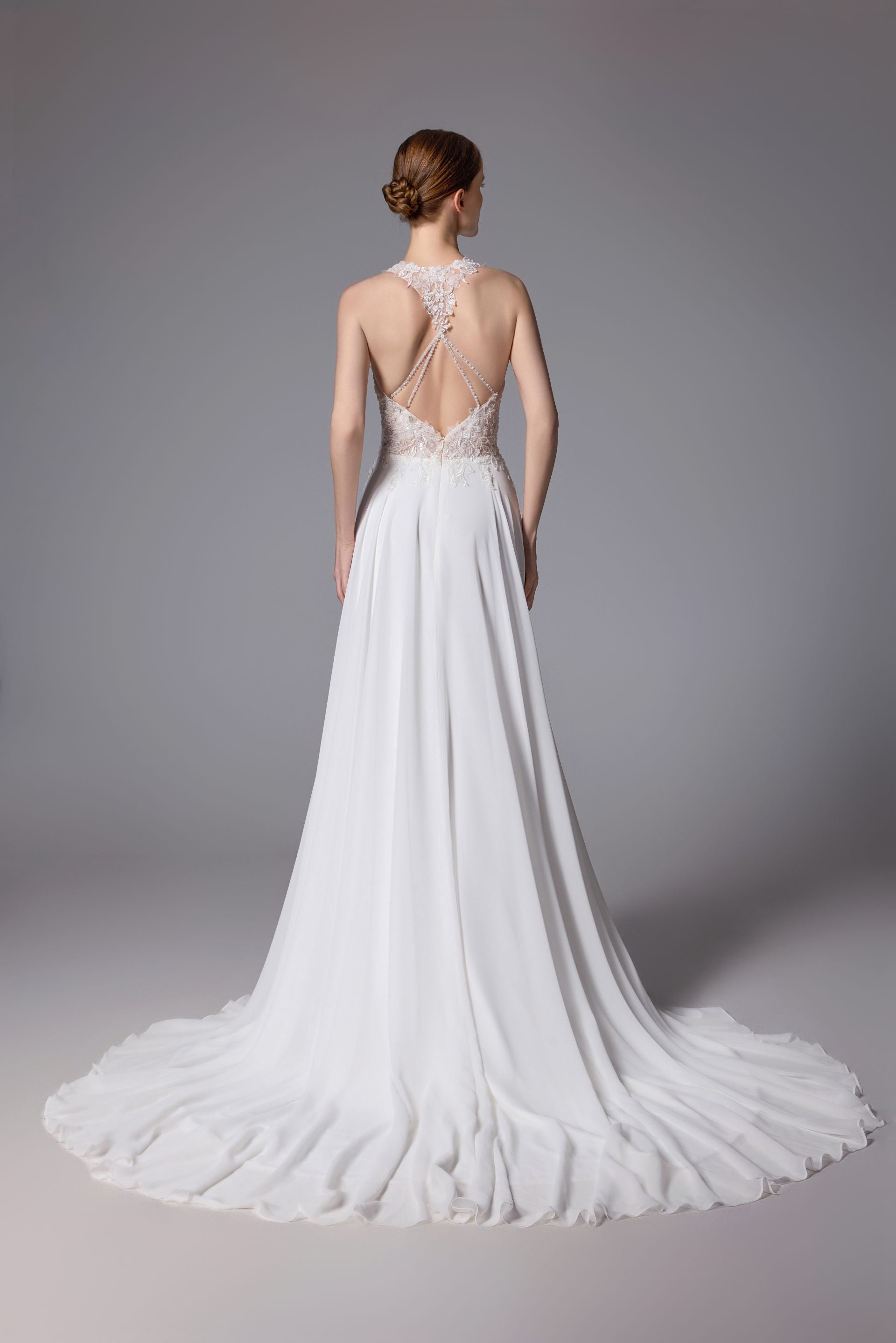 Open back beaded wedding dress with a romantic chiffon LVS2404