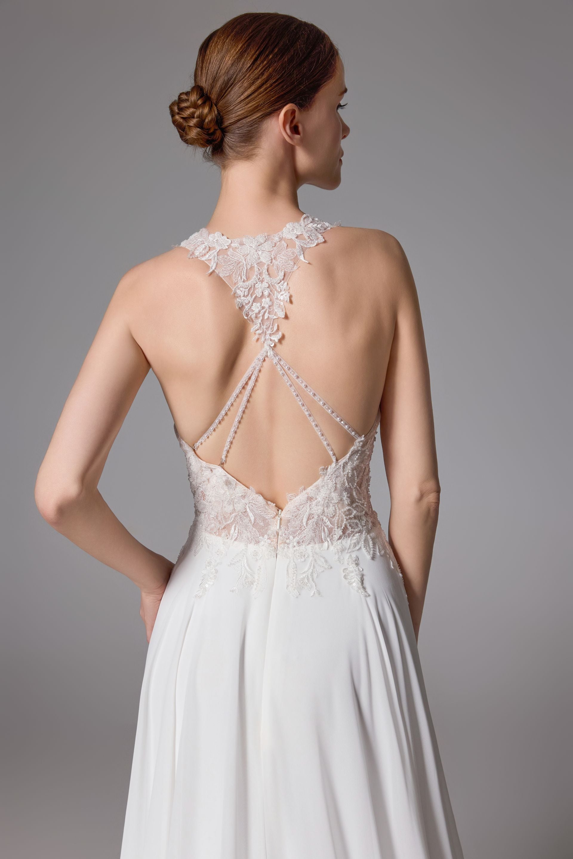 Open back beaded wedding dress with a romantic chiffon LVS2404