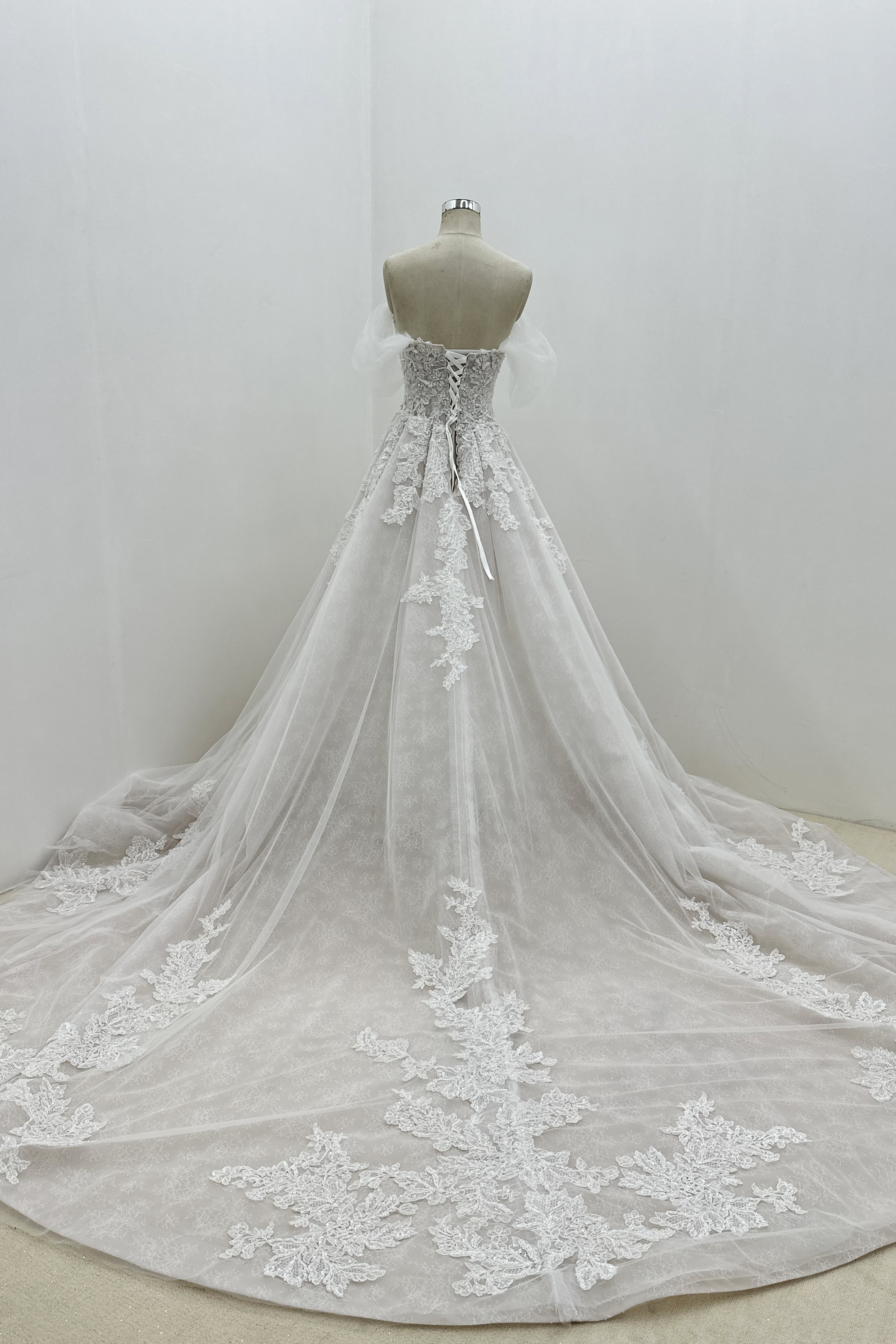 Off-the-shoulder Dreamy Tulle A-line Handmade Wedding Dress LVB2692