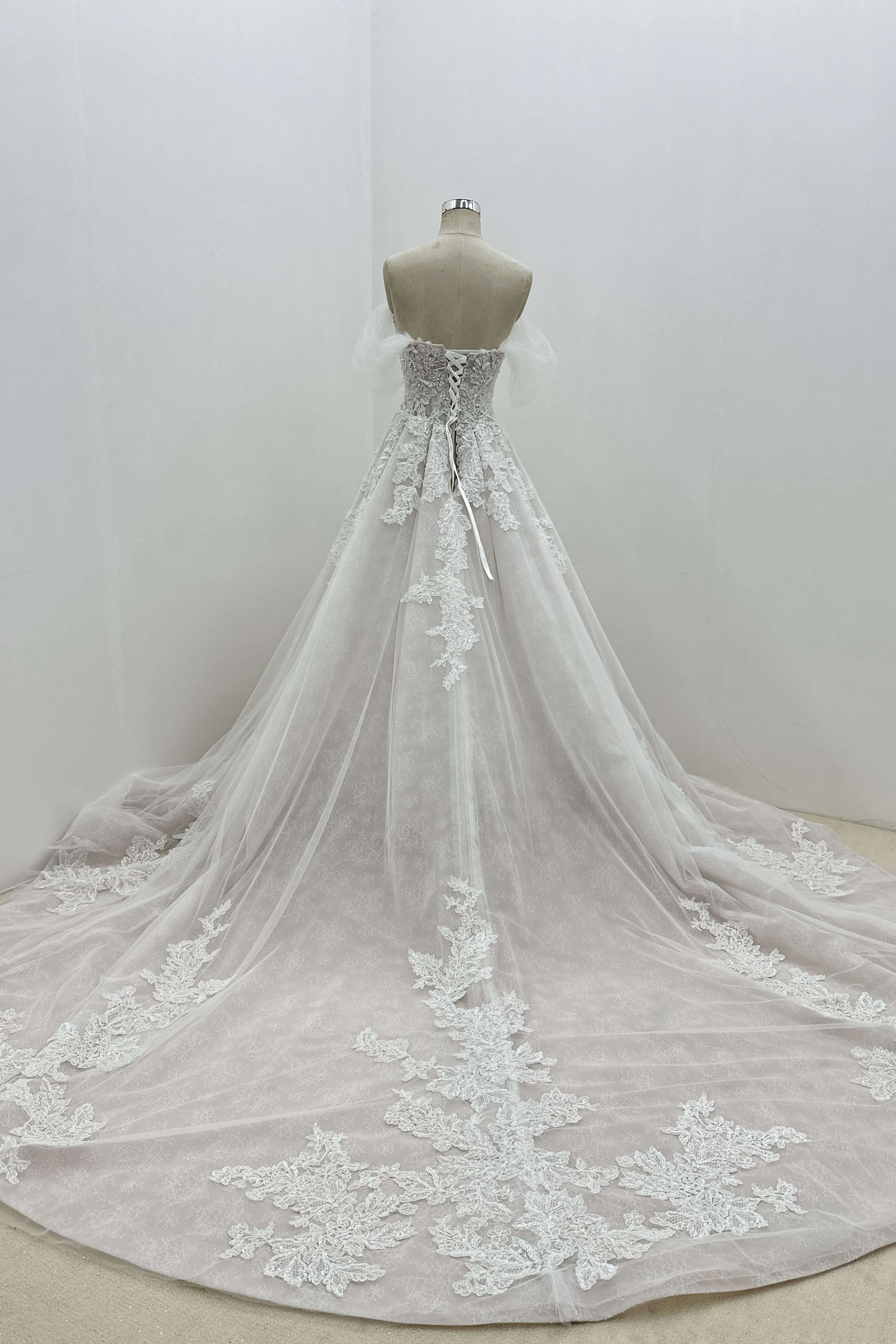 Off-the-shoulder Dreamy Tulle A-line Handmade Wedding Dress LVB2692
