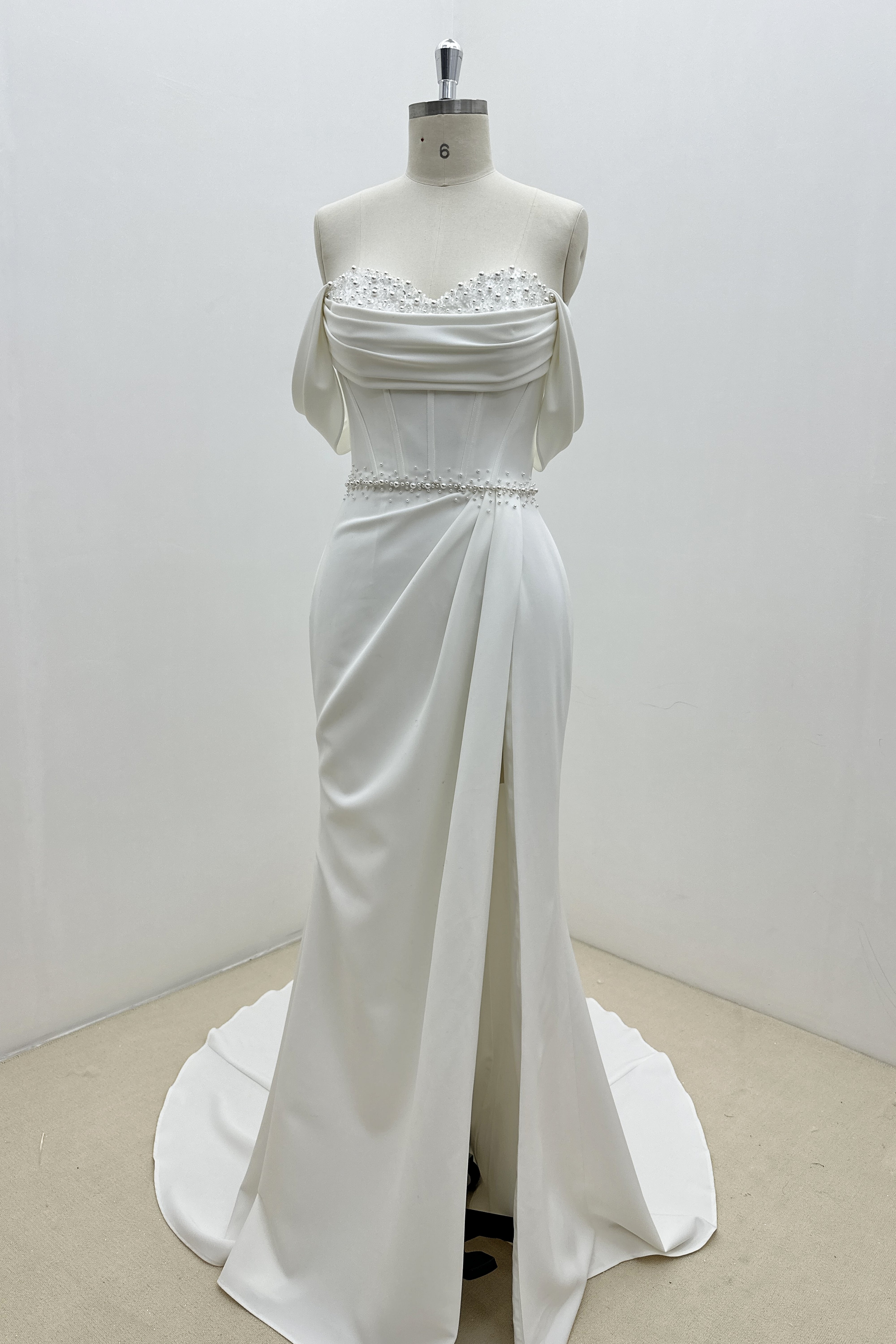 Beaded Handmade Wedding Dress With Off-The-Shoulder Cap-Sleeves LVB2697