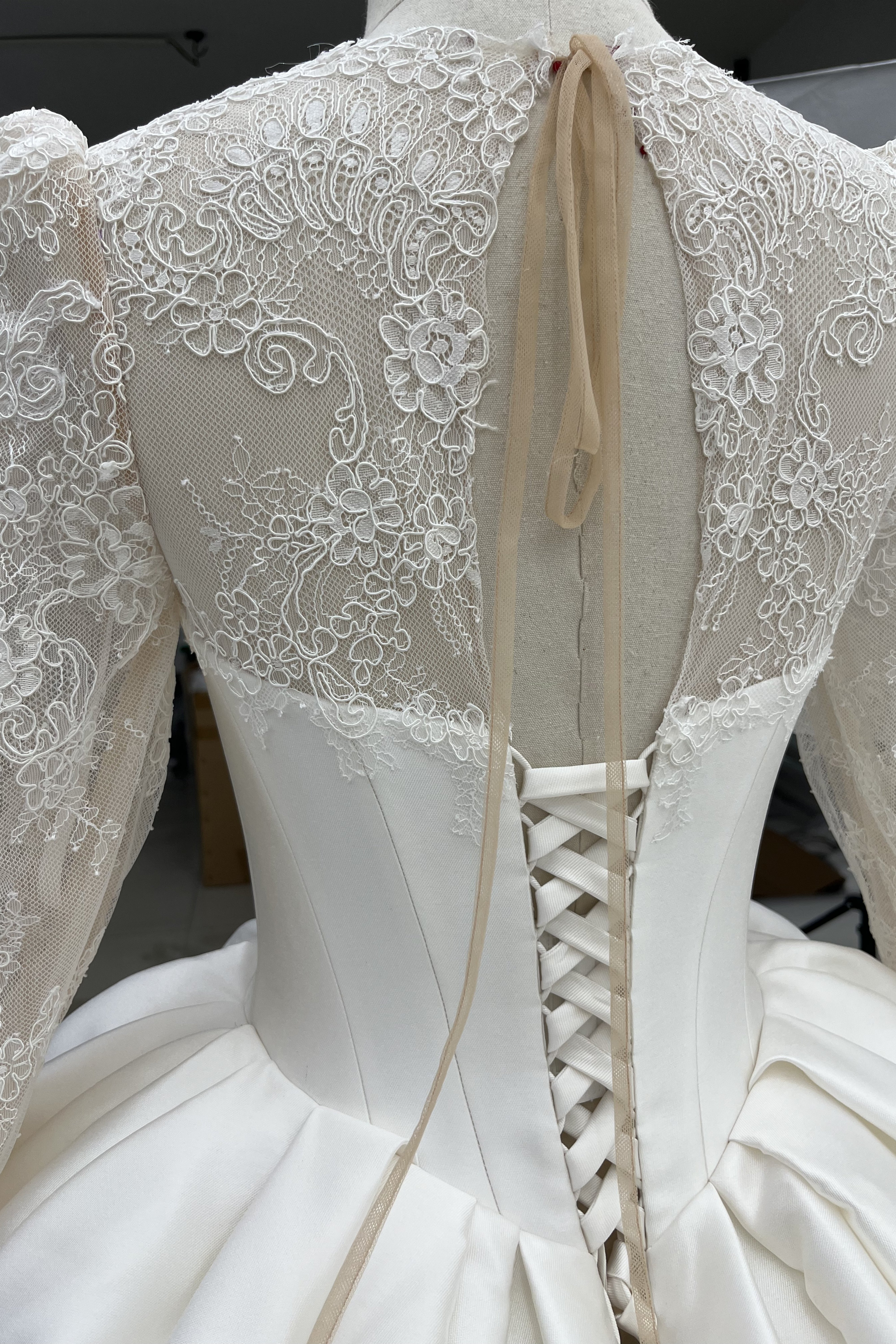 Lace Satin Ball Gown Wedding Dress With Long Sleeve LVB2690