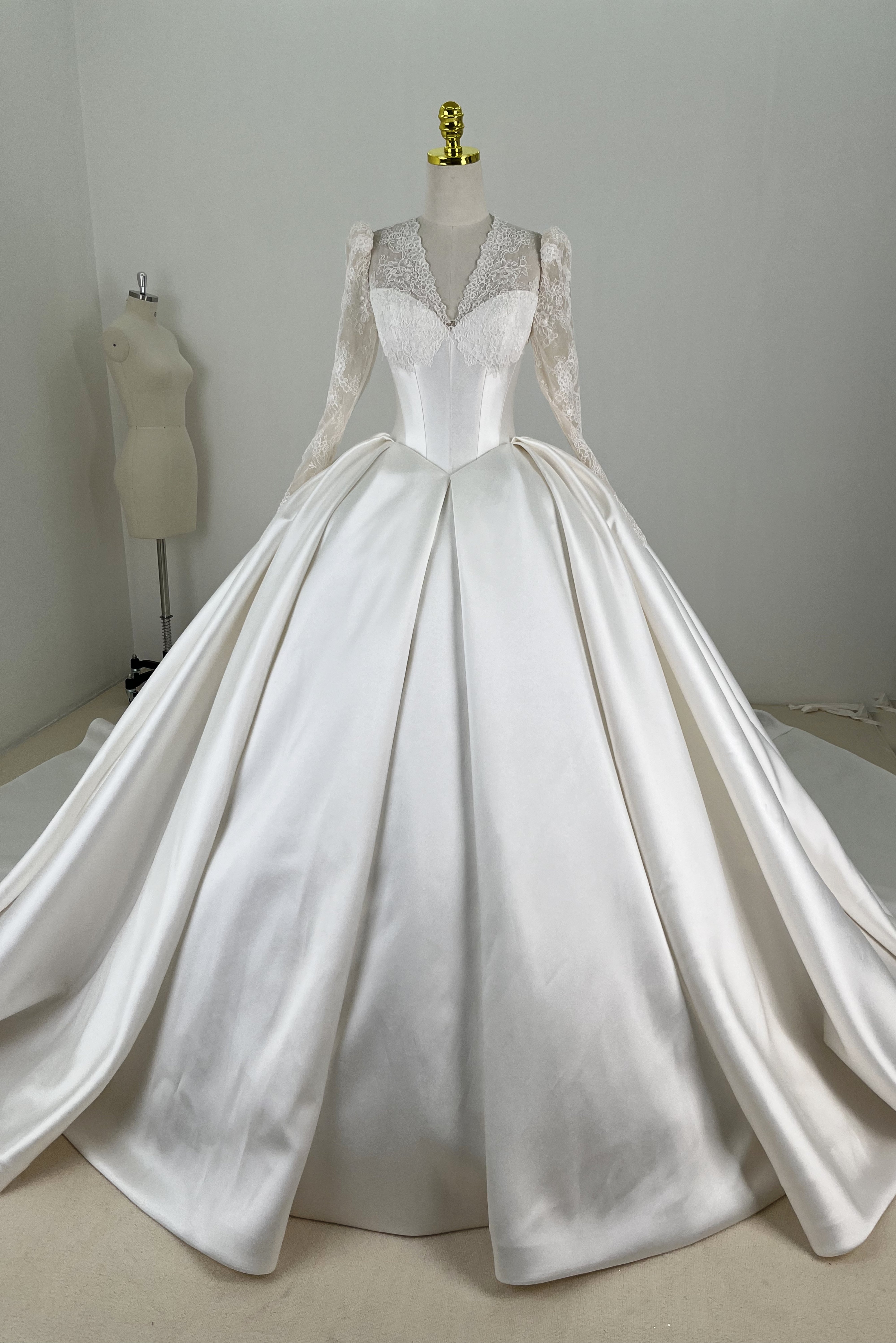 Lace Satin Ball Gown Wedding Dress With Long Sleeve LVB2690