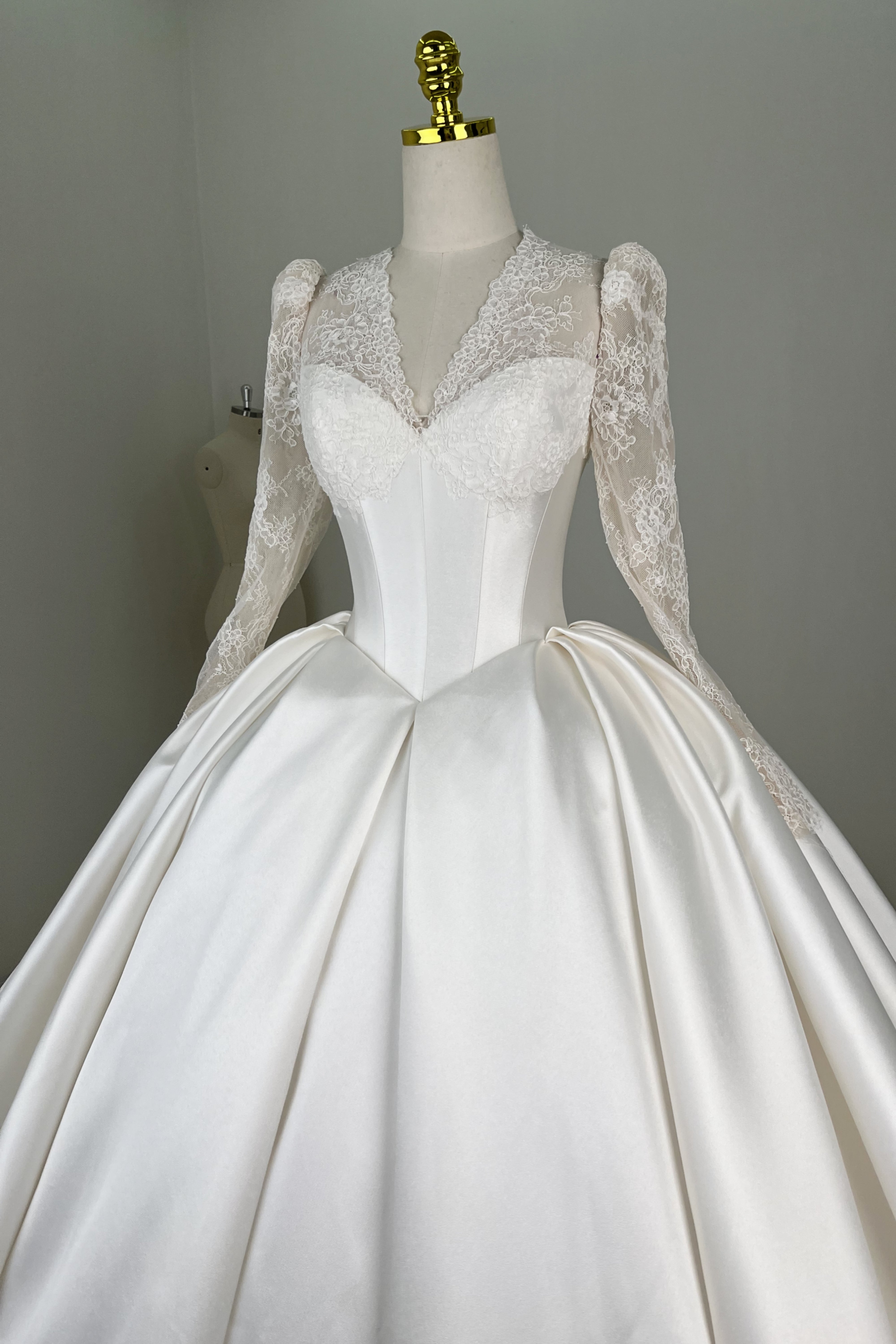 Lace Satin Ball Gown Wedding Dress With Long Sleeve LVB2690