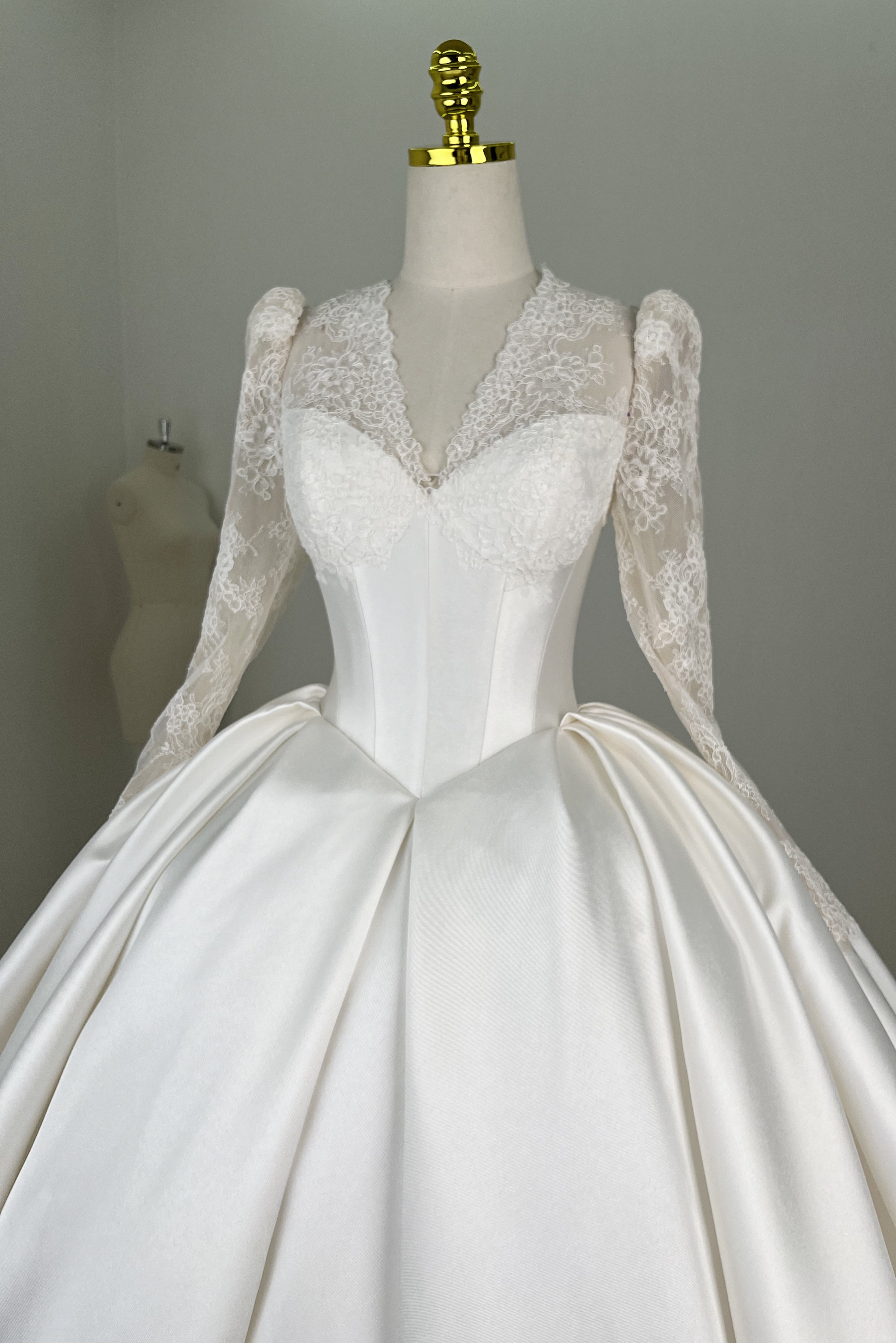Lace Satin Ball Gown Wedding Dress With Long Sleeve LVB2690