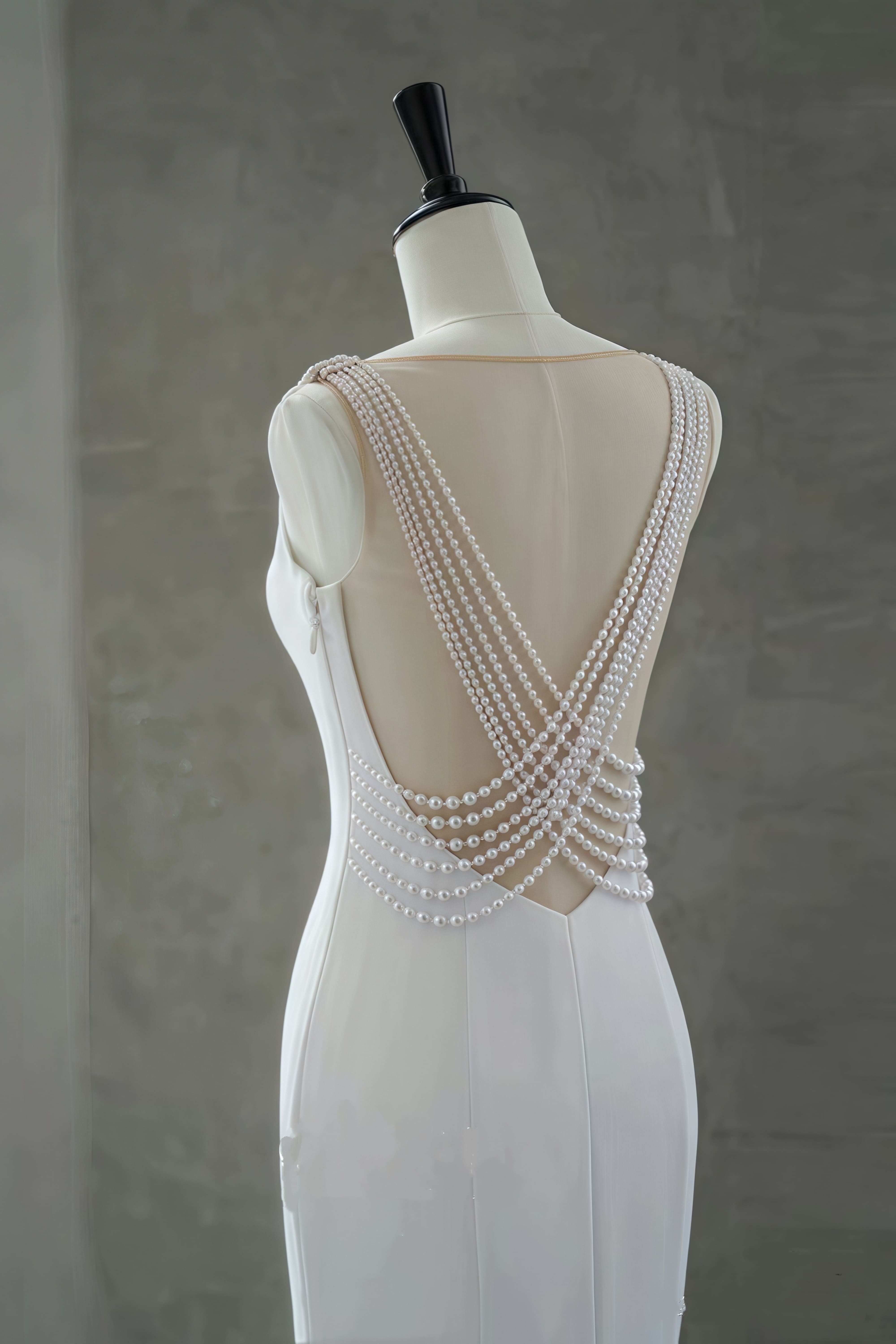 Crepe Mermaid Wedding Dress with Pearl-Draped Open Back-AND Bride