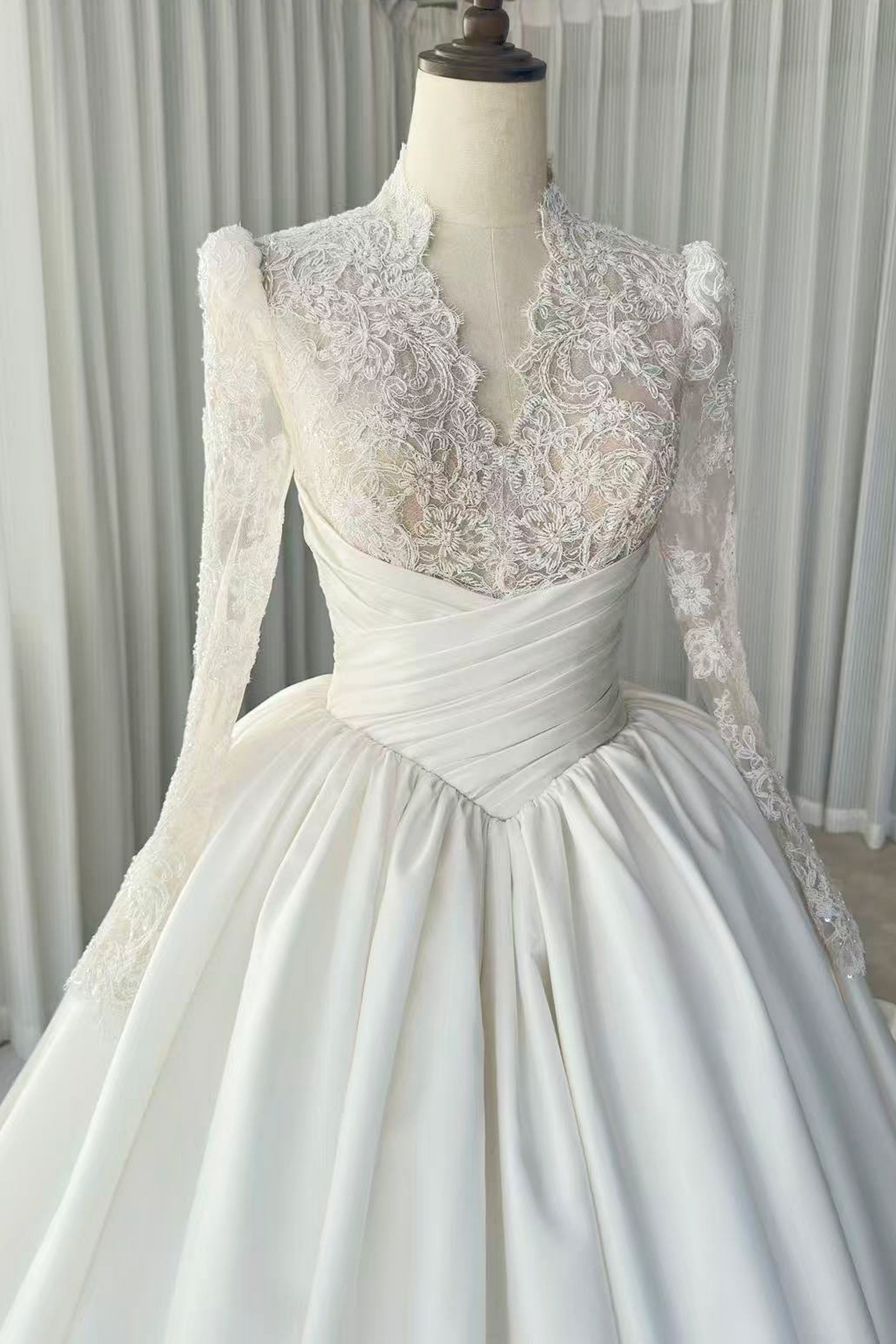 TIANA -Ivory & Champagne lace satin Cathedral Train Ball Gown WEDDING DRESS LVB2721