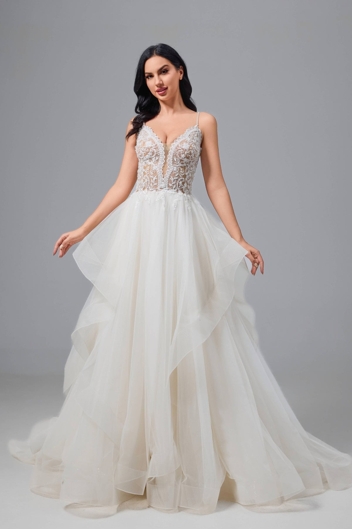 Corset Back Lace A-Line Wedding Dress with Chapel Train-AND Bride