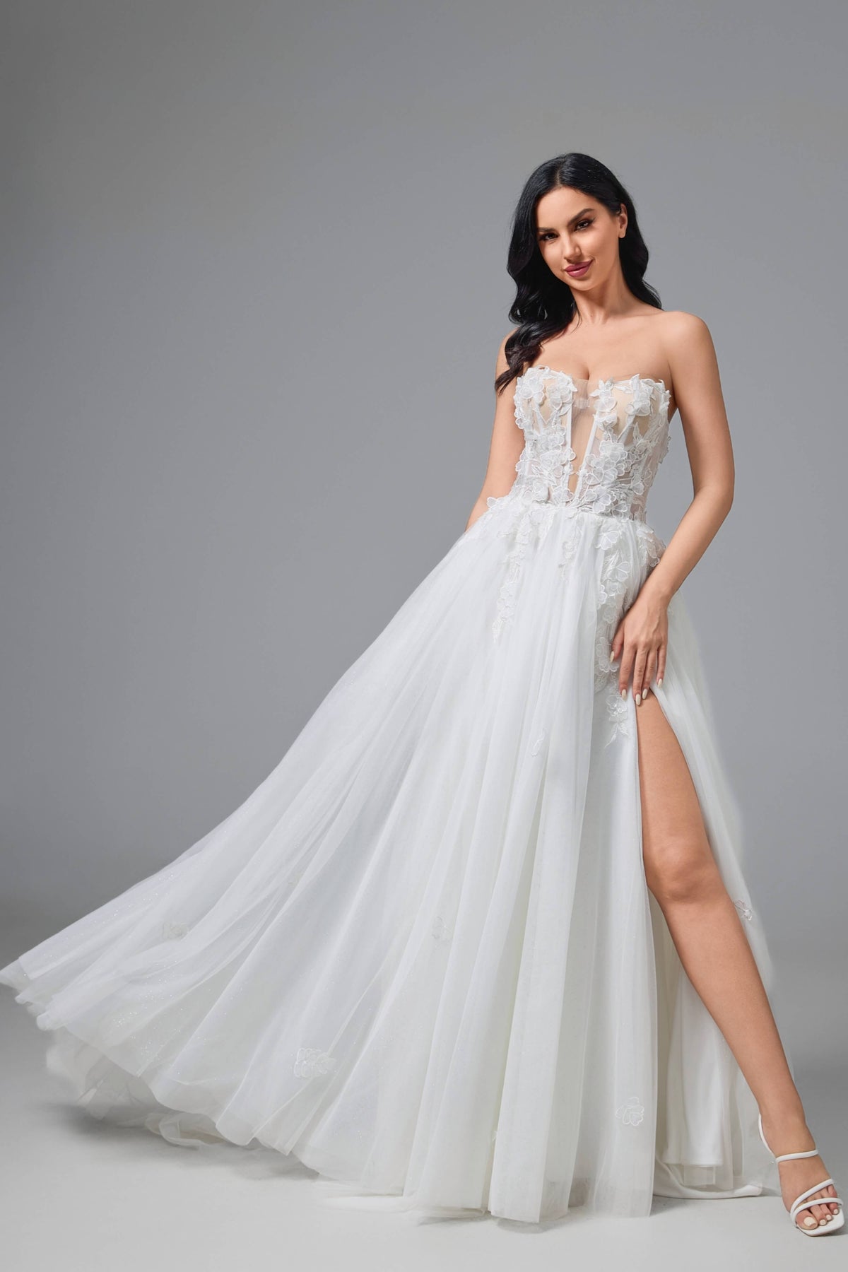Corset Floral Lace Wedding Dress with Thigh-High Slit-AND Bride
