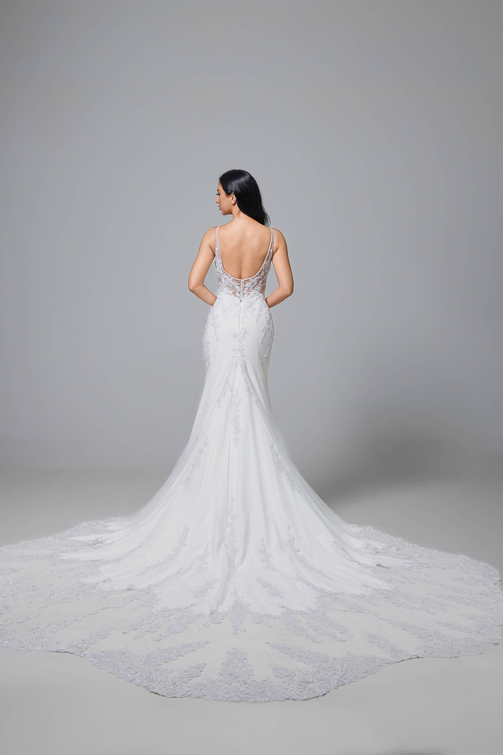 Mermaid Lace Satin Cathedral Train Handmade Wedding Dress IVORY LVB2517