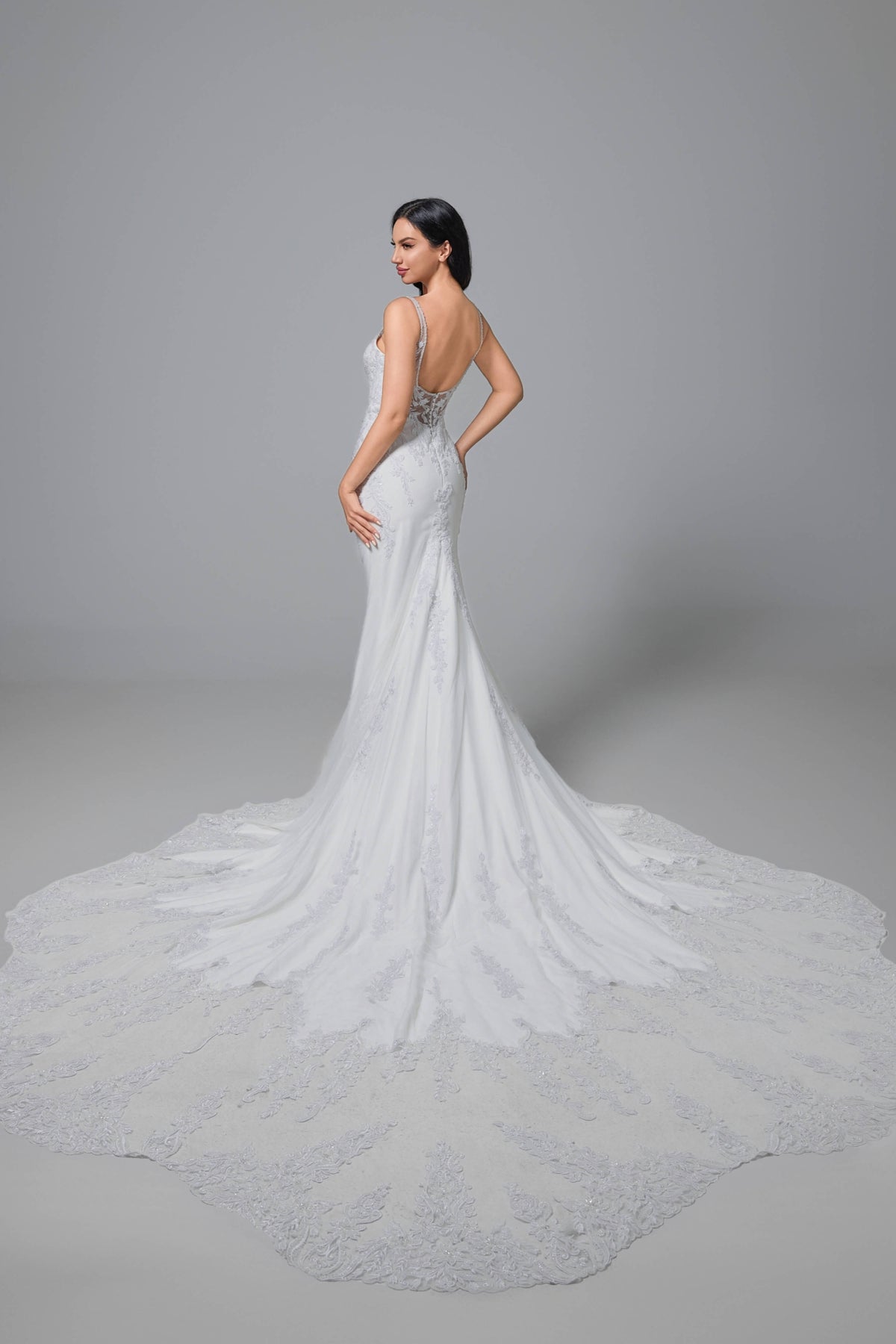 Lace Satin Mermaid Wedding Dress with Cathedral Train-AND Bride