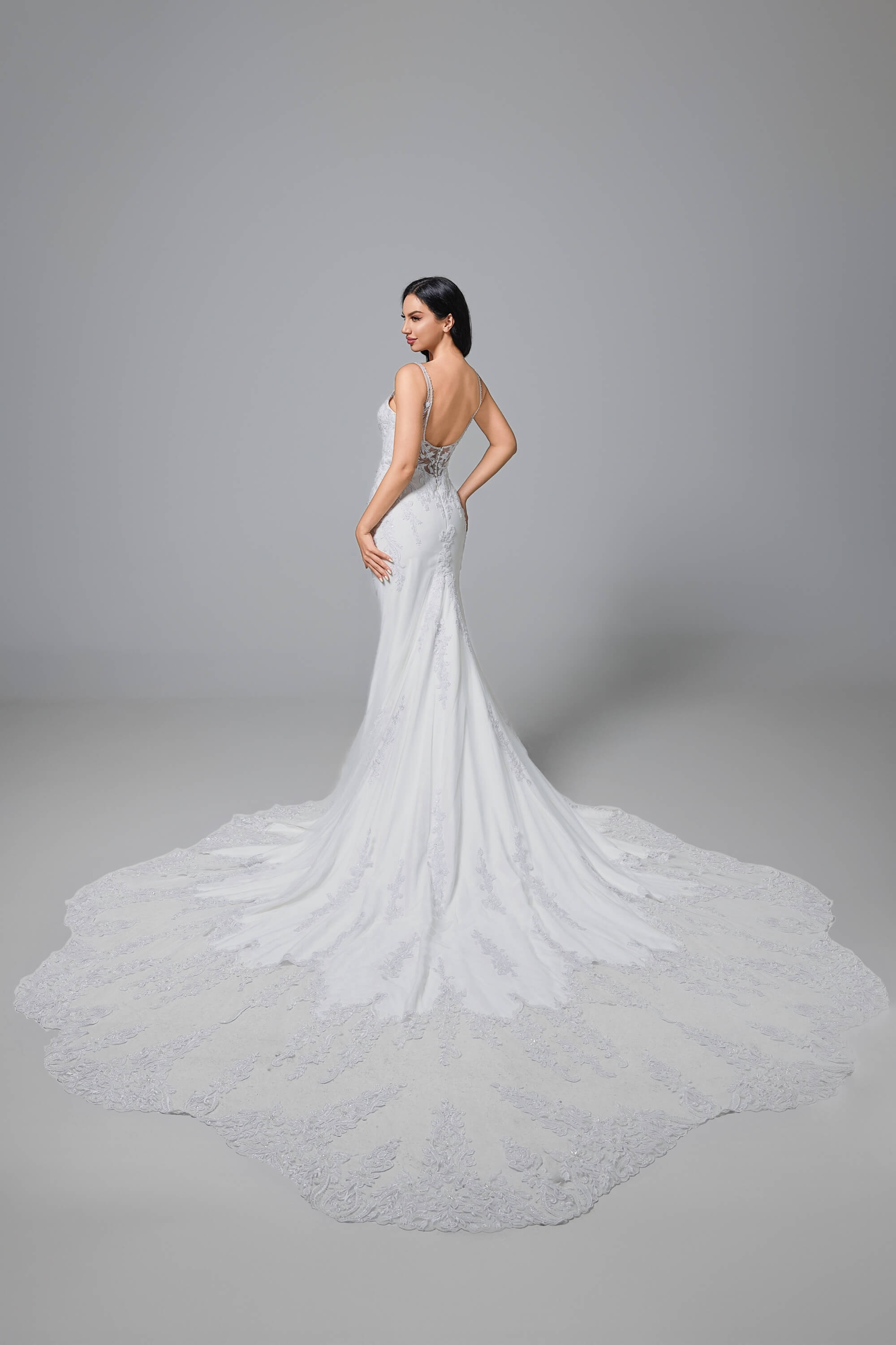 Mermaid Lace Satin Cathedral Train Handmade Wedding Dress IVORY LVB2517