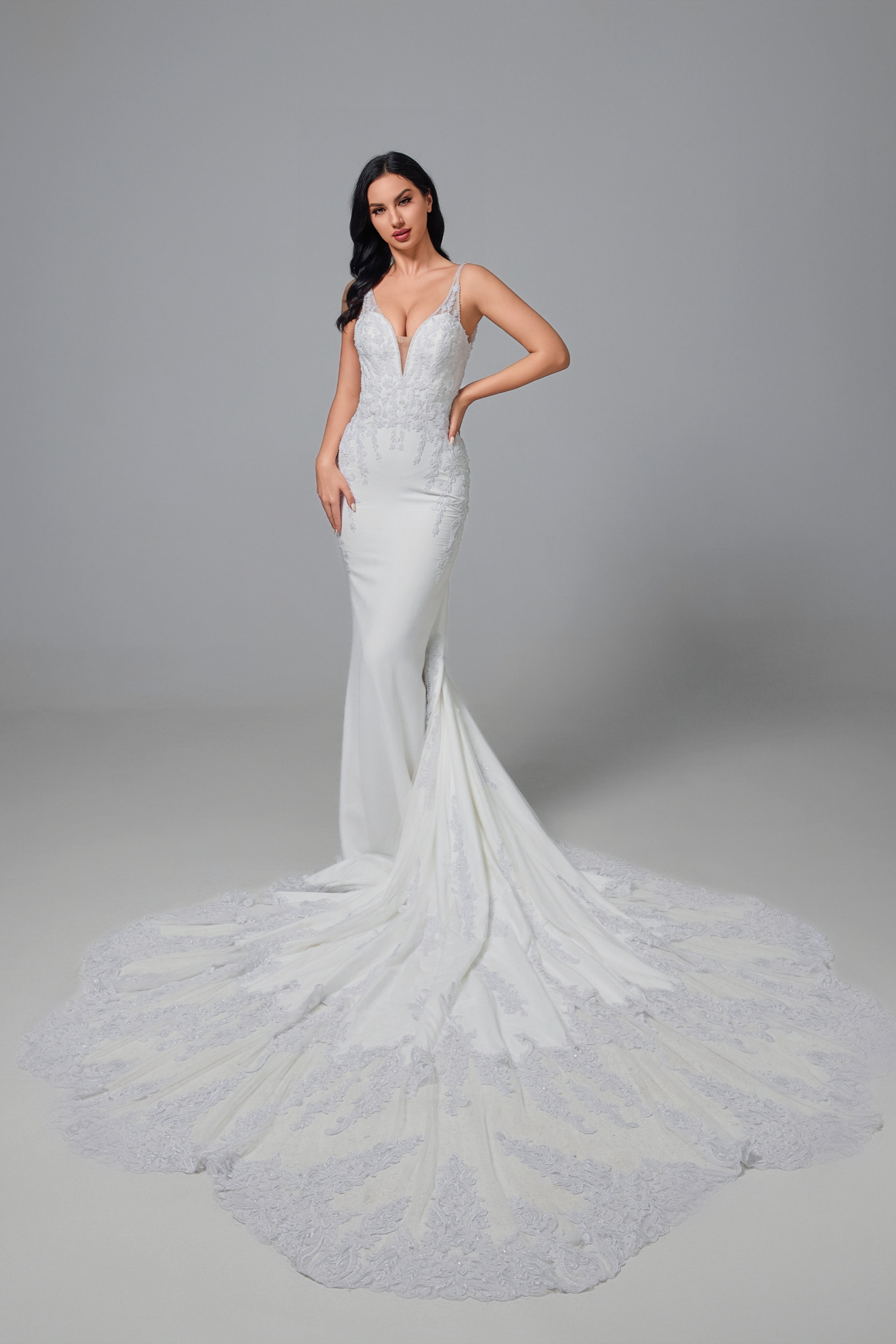 Mermaid Lace Satin Cathedral Train Handmade Wedding Dress IVORY LVB2517