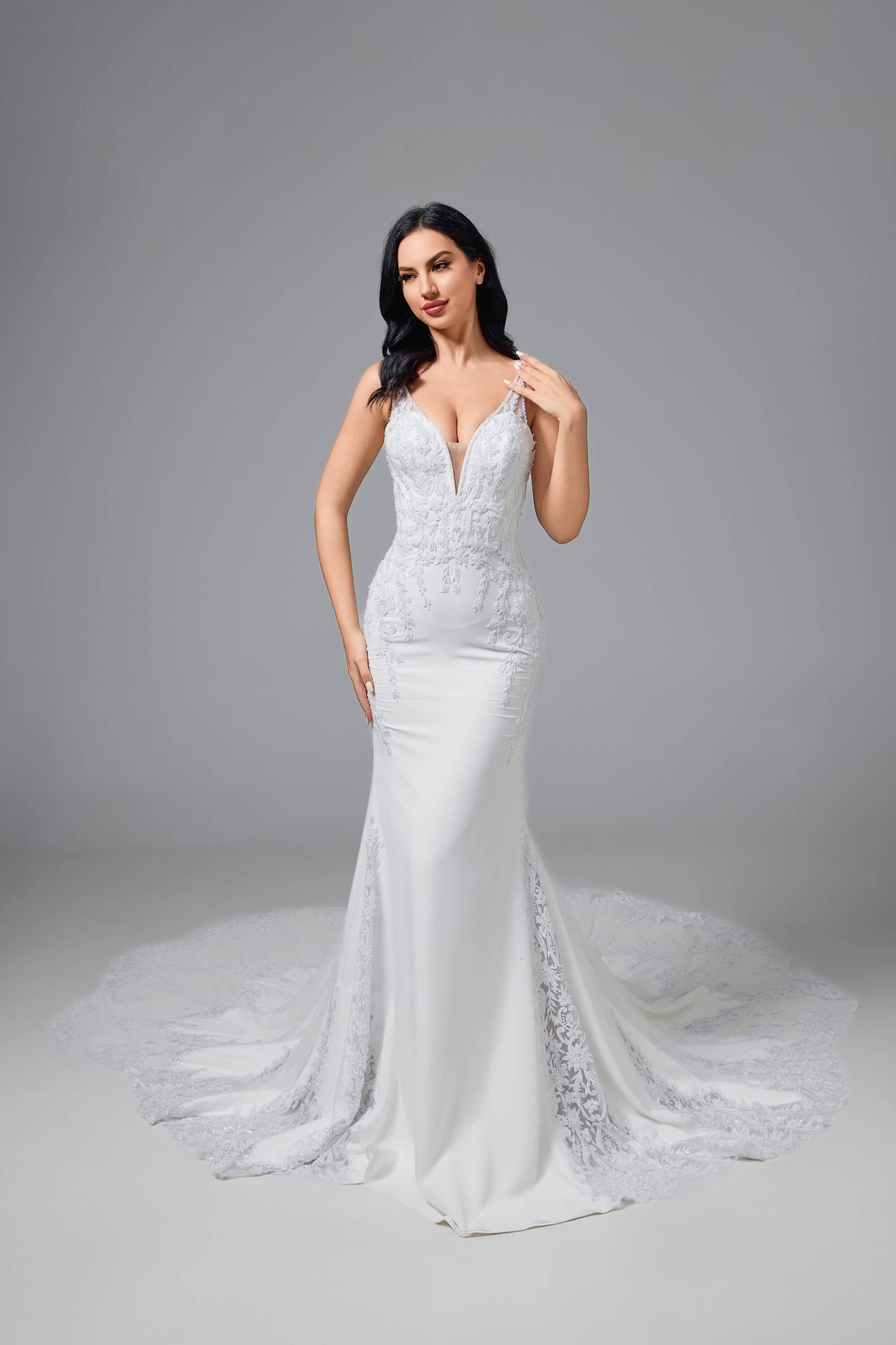 Mermaid Lace Satin Cathedral Train Handmade Wedding Dress IVORY LVB2517
