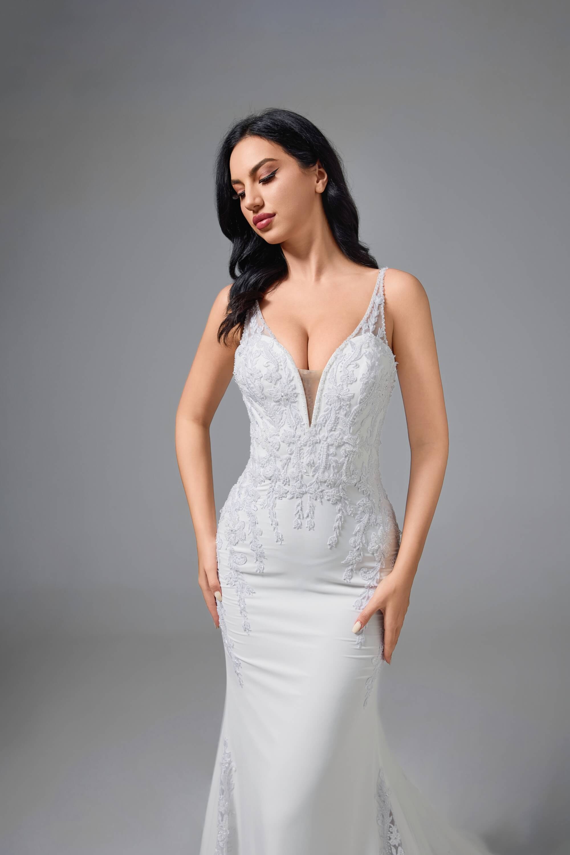 Mermaid Lace Satin Cathedral Train Handmade Wedding Dress IVORY LVB2517