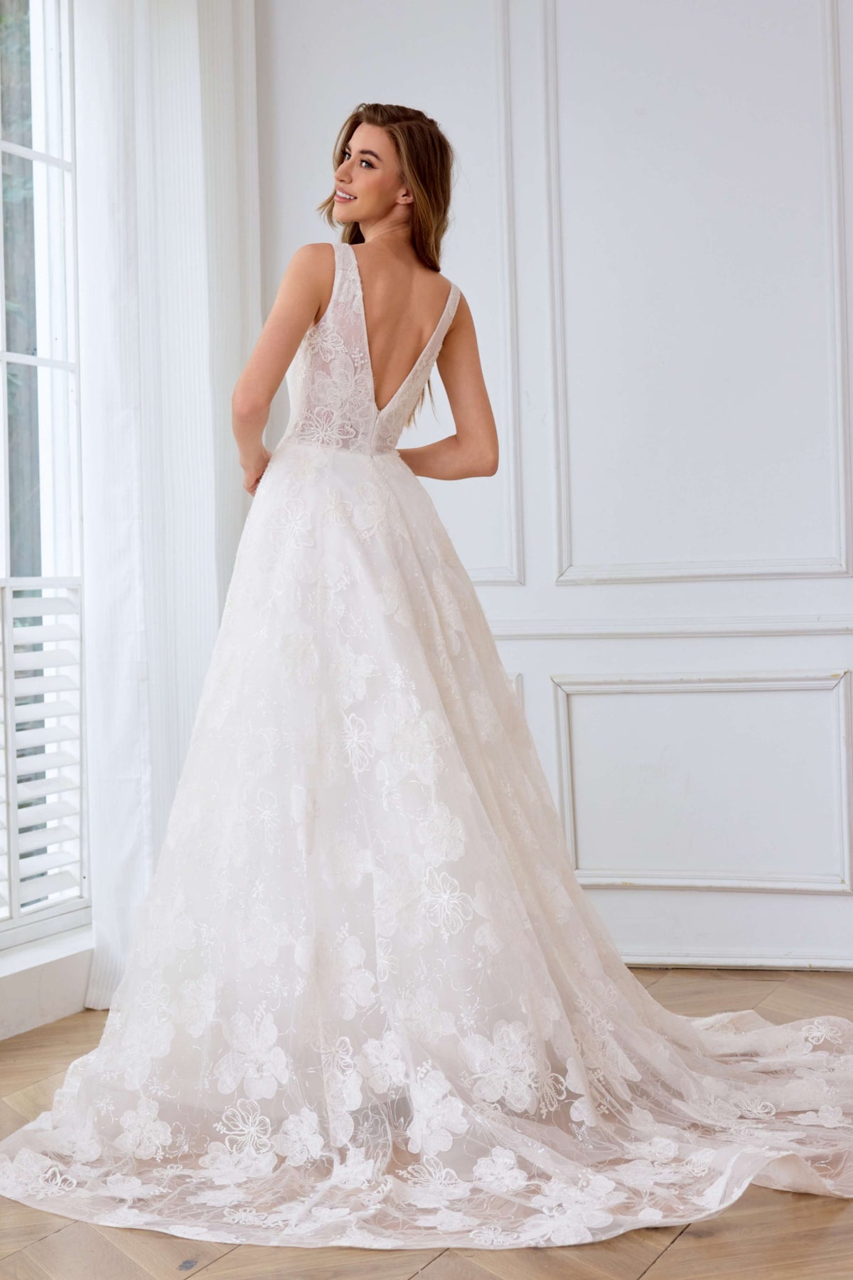 Sparkling Floral Lace A-Line Wedding Dress with V-Neck-AND Bride