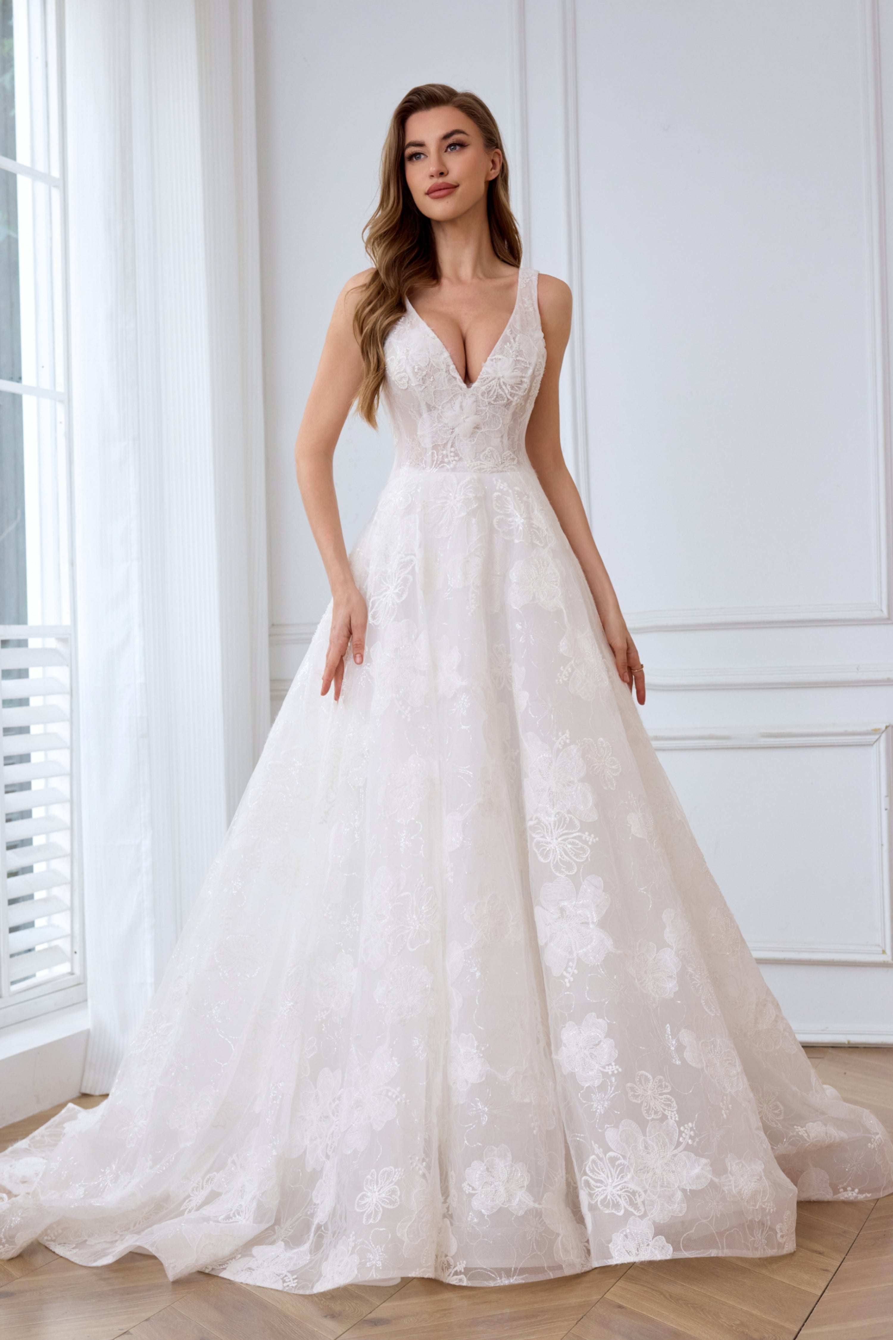 Flowy 3-D lace sparkling sexy V-neck A-line wedding gown LVB2619 by AND Bride