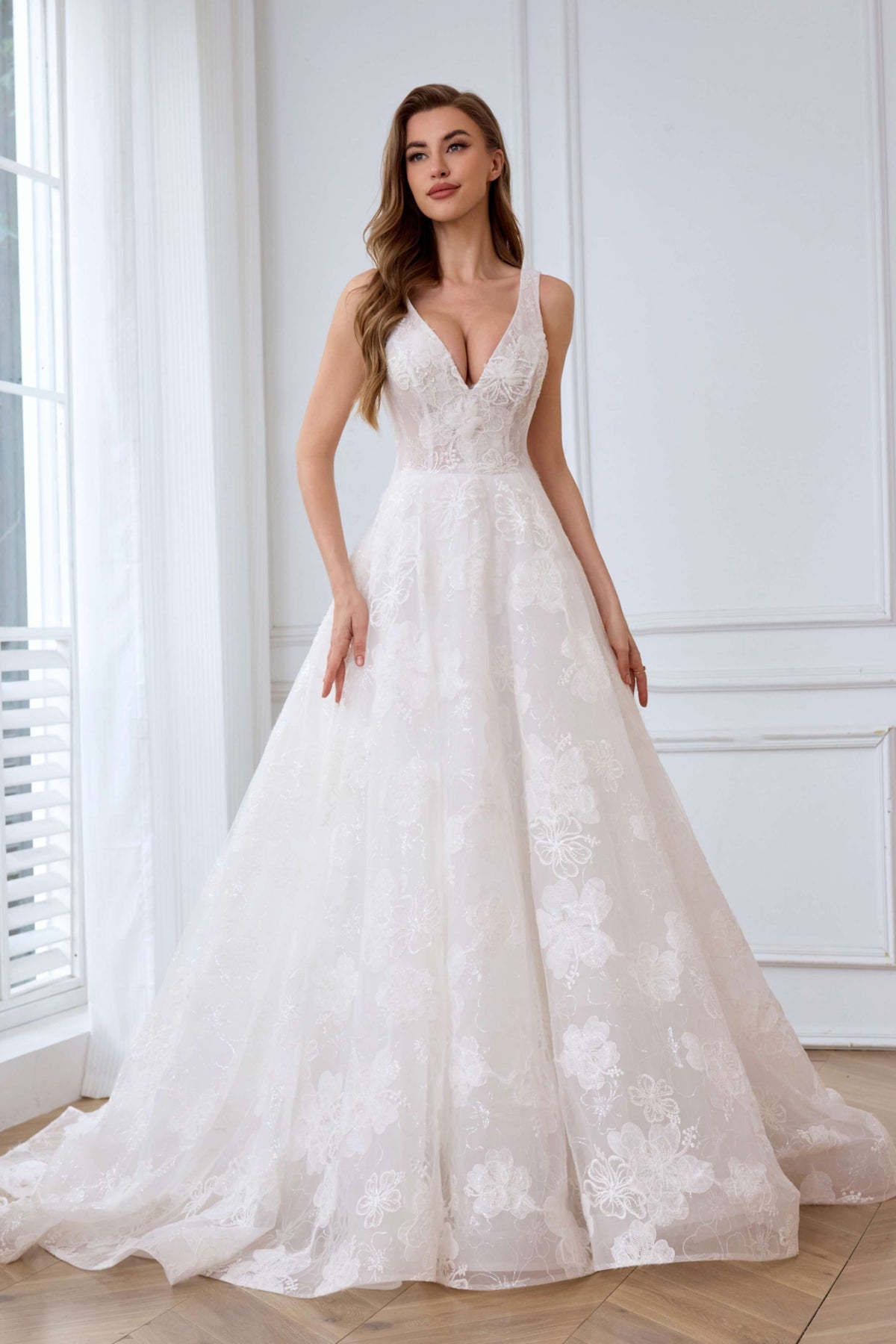 Sparkling Floral Lace A-Line Wedding Dress with V-Neck-AND Bride