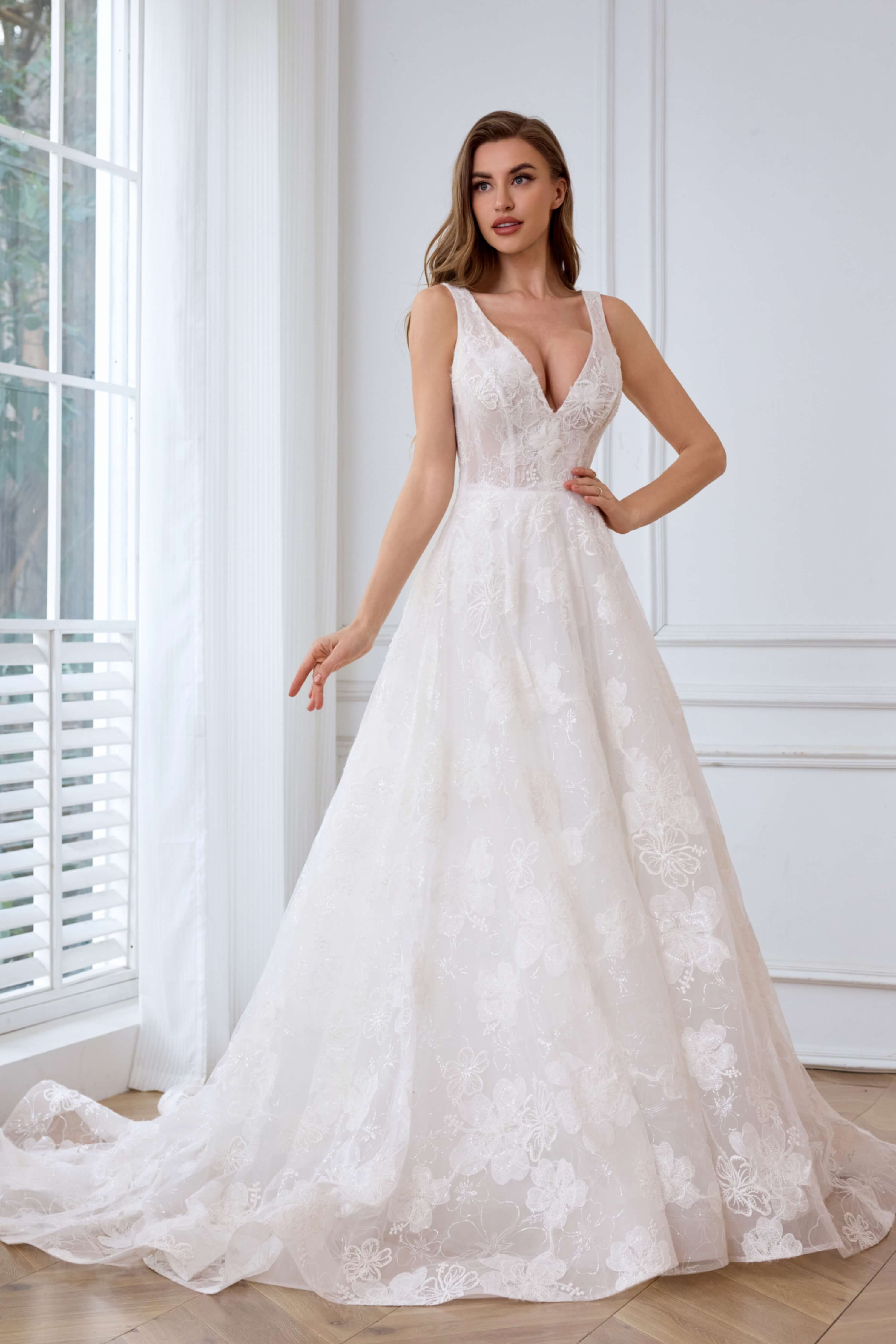 Sparkling Floral Lace A-Line Wedding Dress with V-Neck-AND Bride
