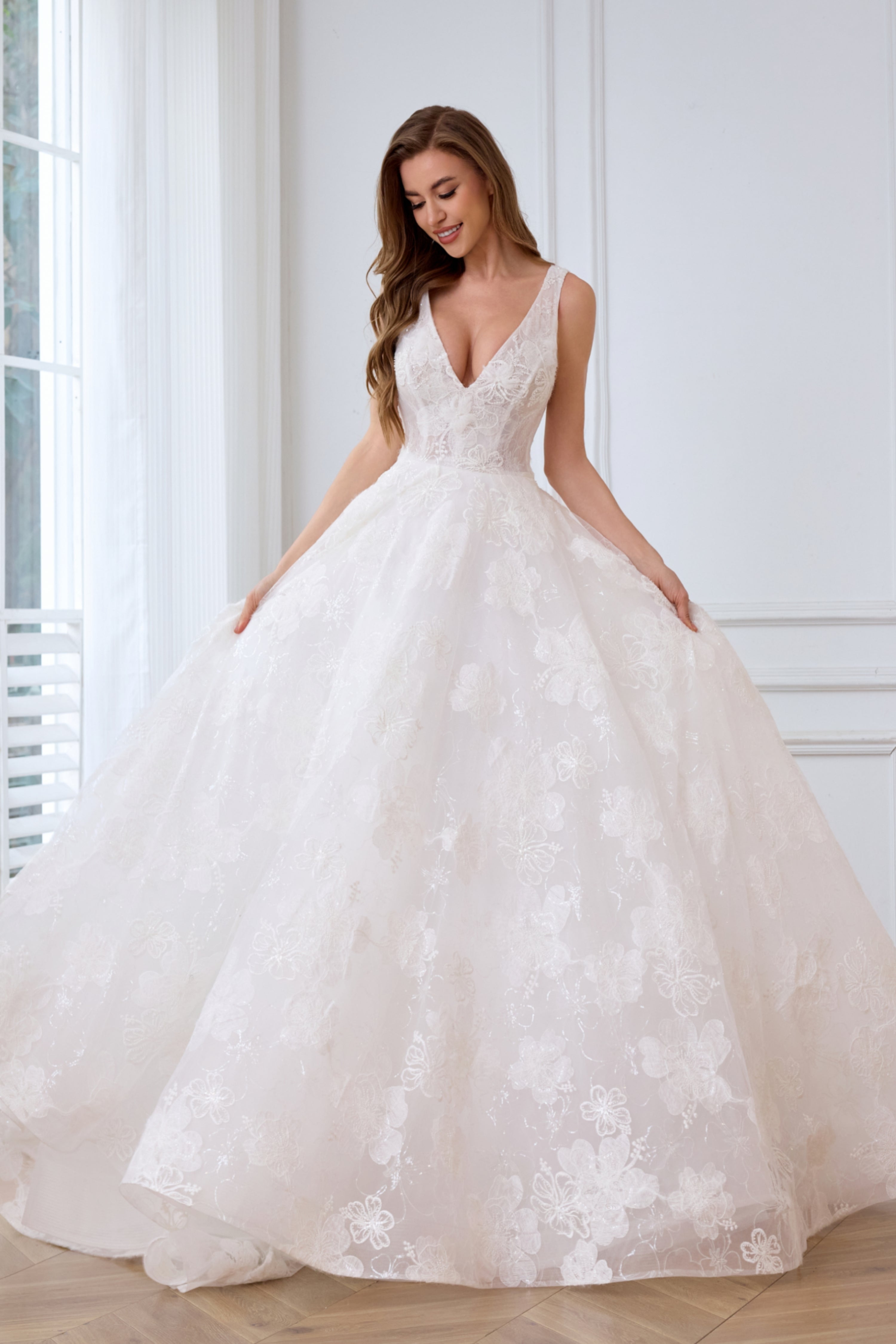 Flowy 3-D lace sparkling sexy V-neck A-line wedding gown LVB2619 by AND Bride