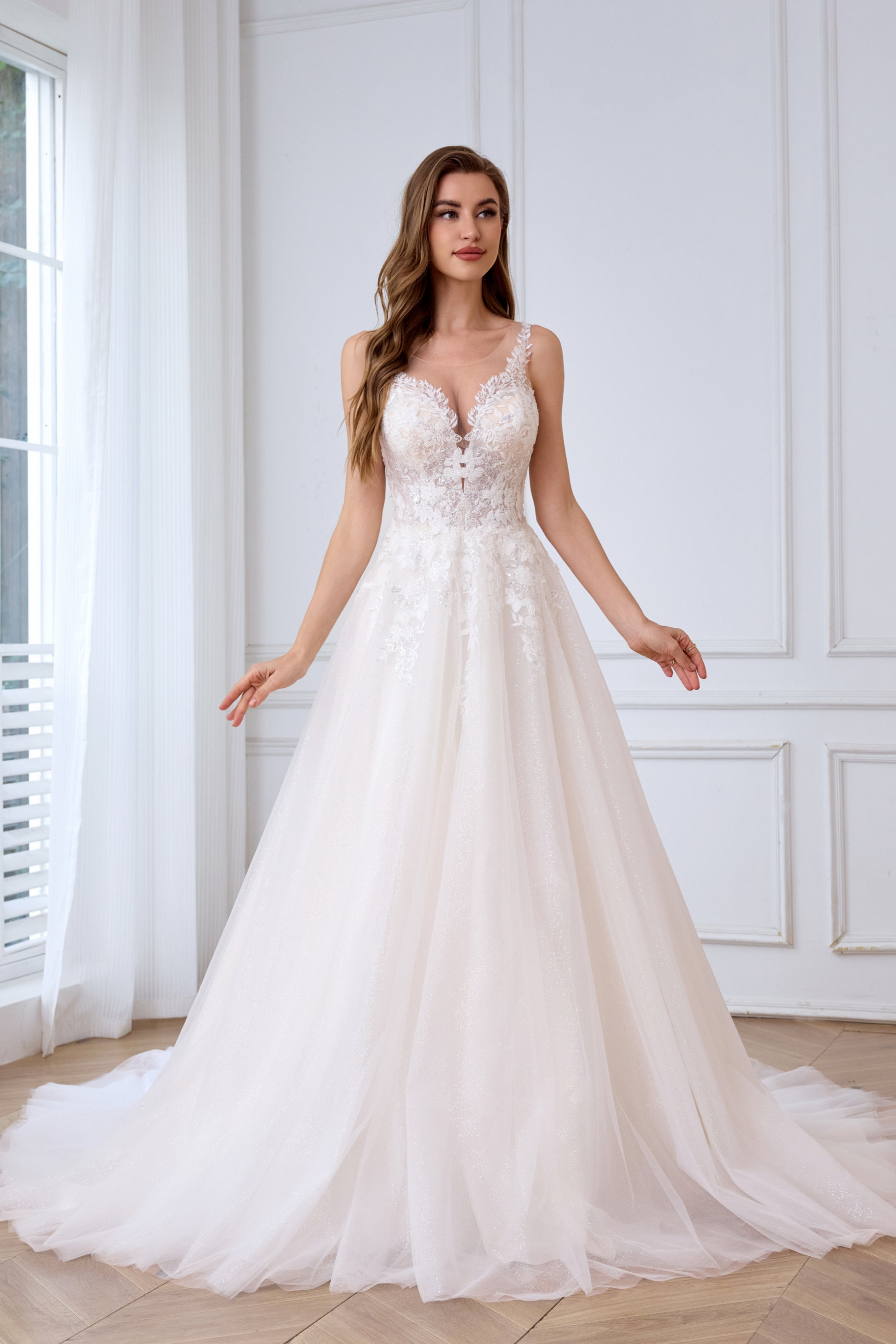 Märchenhaftes Brautkleid in A-Linie aus Illusionsspitze, geeignet für Bräute aller Körpertypen LVB2620 von AND Bride