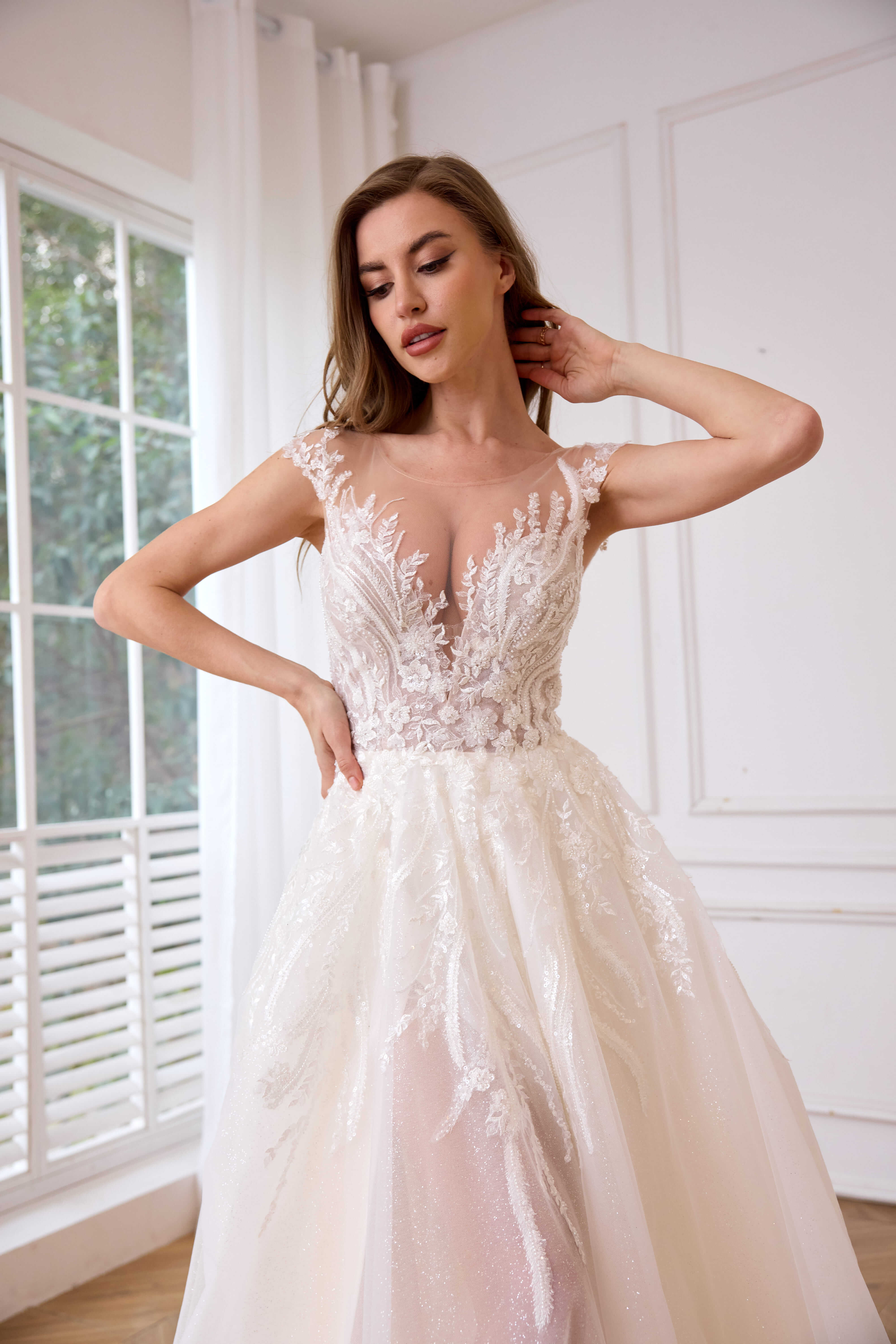 Floral cottagecore sexy wedding dress with a thigh-high slit LVB2621-AND Bride